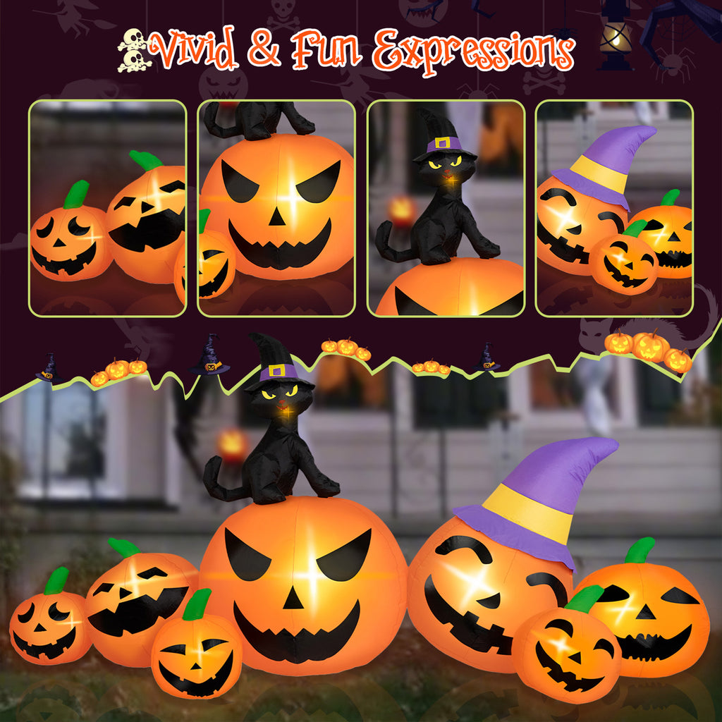 B&D 8FT Long Halloween Inflatables Pumpkin, Blow Up Pumpkins Inflatables with Witch Hat & Black Cat Built-in LED Lights for Halloween Party Yard Garden Lawn Decor
