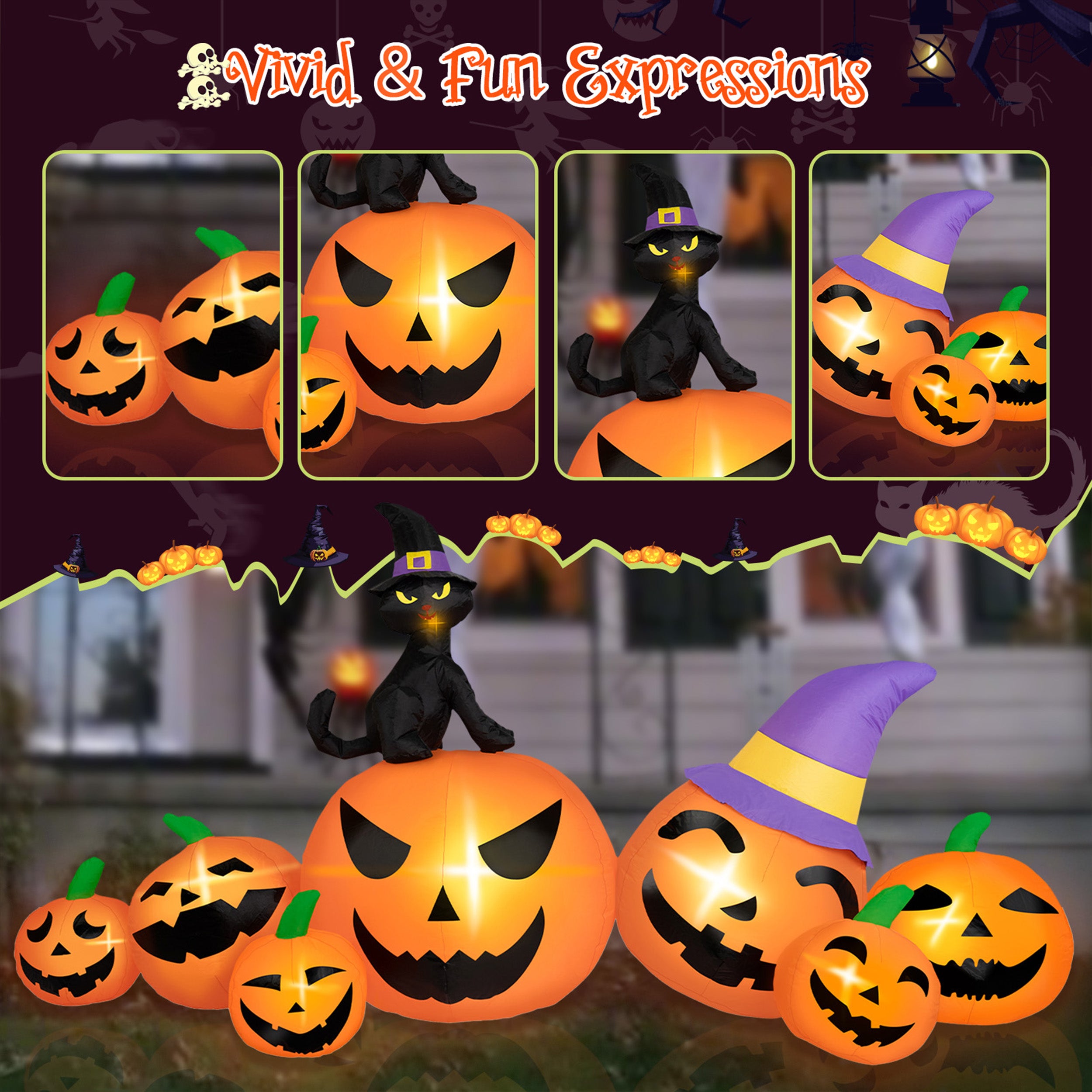 B&D 8FT Long Halloween Inflatables Pumpkin, Blow Up Pumpkins Inflatables with Witch Hat & Black Cat Built-in LED Lights for Halloween Party Yard Garden Lawn Decor