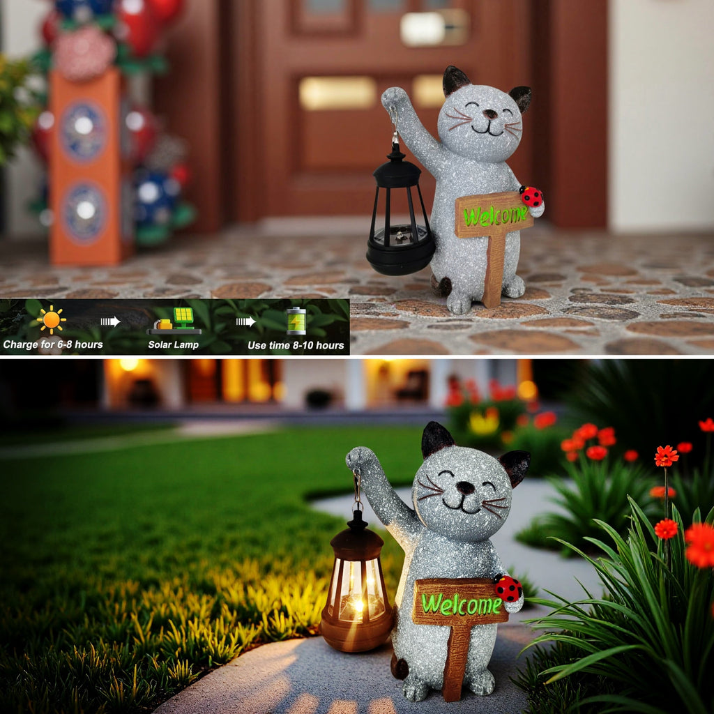 Halloween Decorations Solar Cat Statue Light Garden Decor, Led Home Outside Decor for Patio Yard Pool Front Porch Flower Pots, Solar Powered Welcome Cat Lantern Gardening Gifts