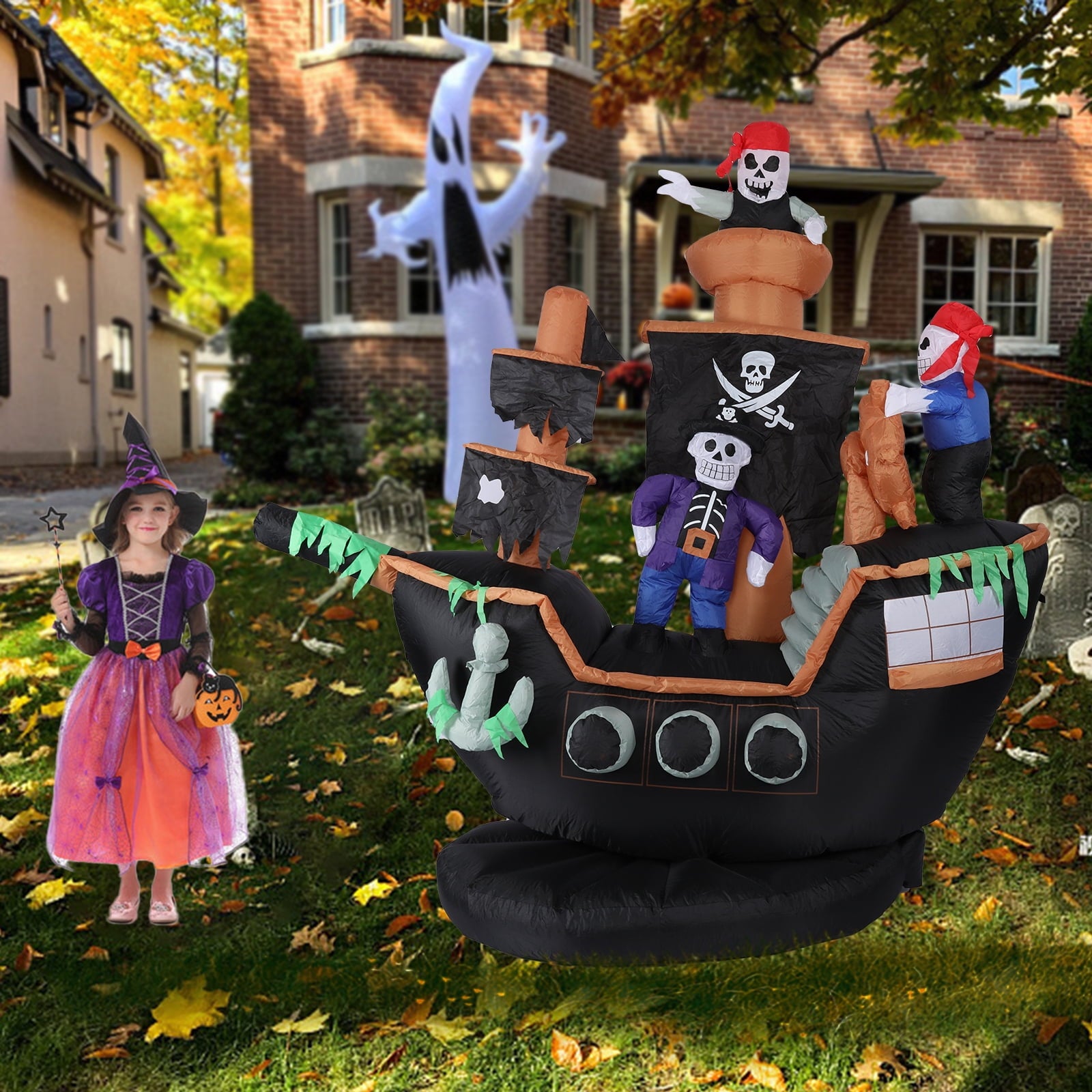 7 FT Halloween Inflatable Skeletons Ghosts on Pirate Ship Lights Decor Outdoor Indoor Holiday Decorations, Blow up Lighted Yard Decor, Giant Lawn Inflatables Home Family Outside Decor