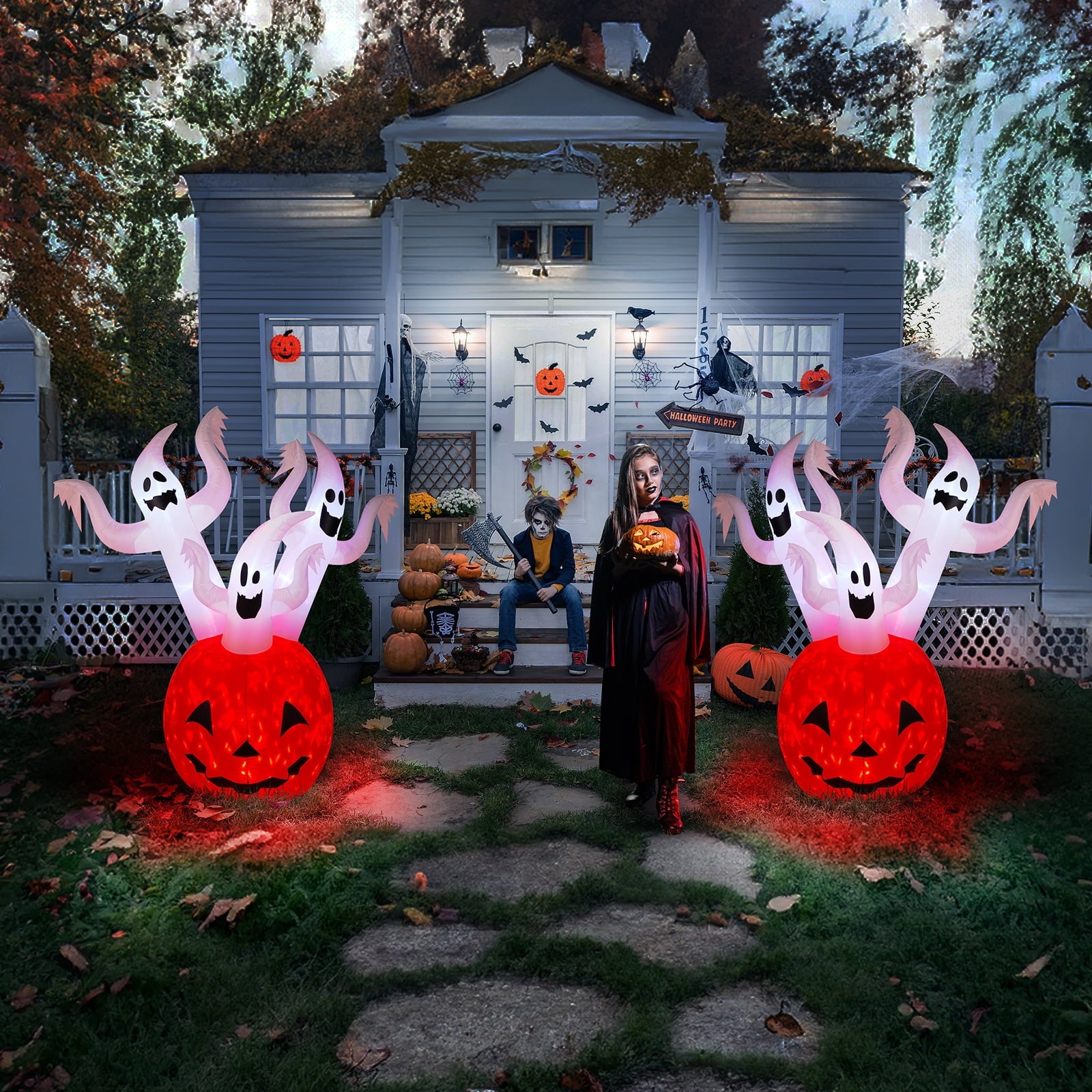 Halloween Ghost and Pumpkin Outdoor Halloween Inflatables for Patio Garden Decor