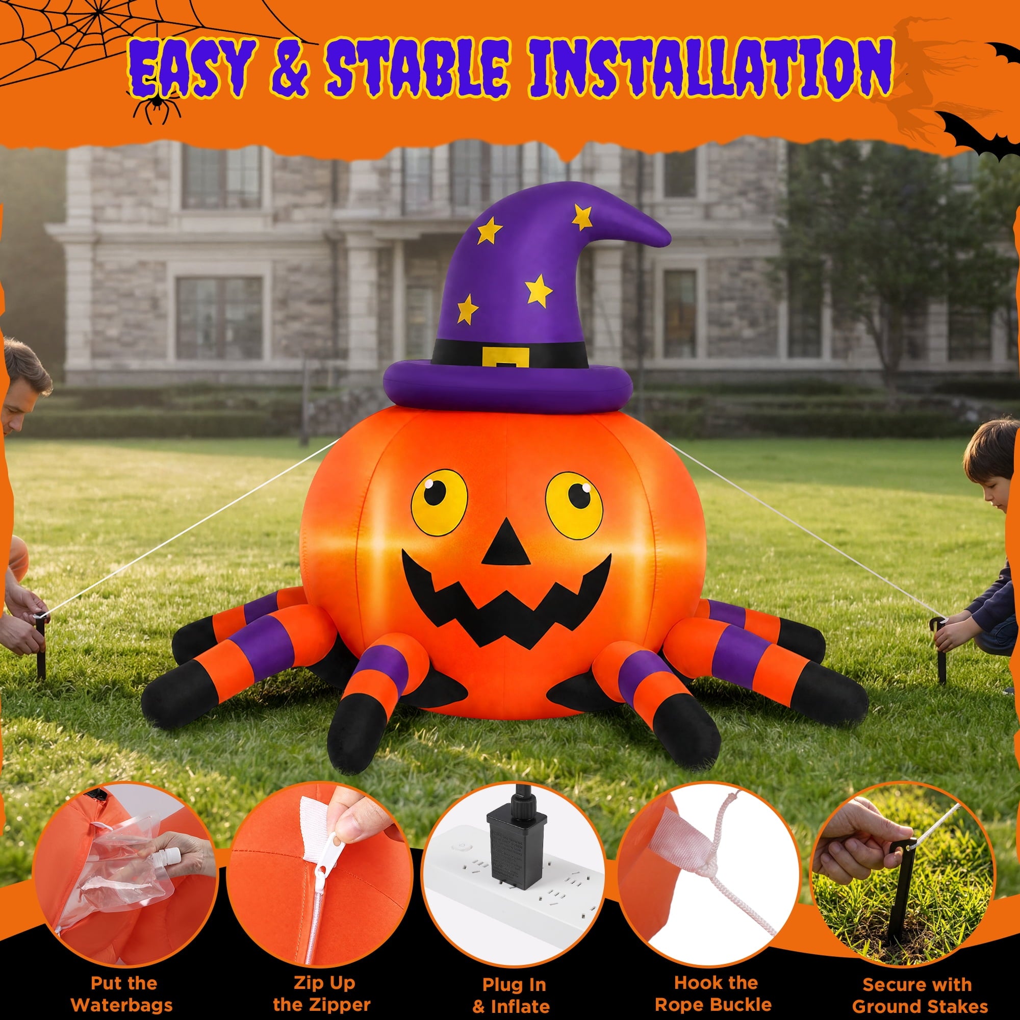 6.2FT Halloween Inflatable Decorations Pumpkin Spider with LED Lights, Halloween Blow Ups for Yard Party