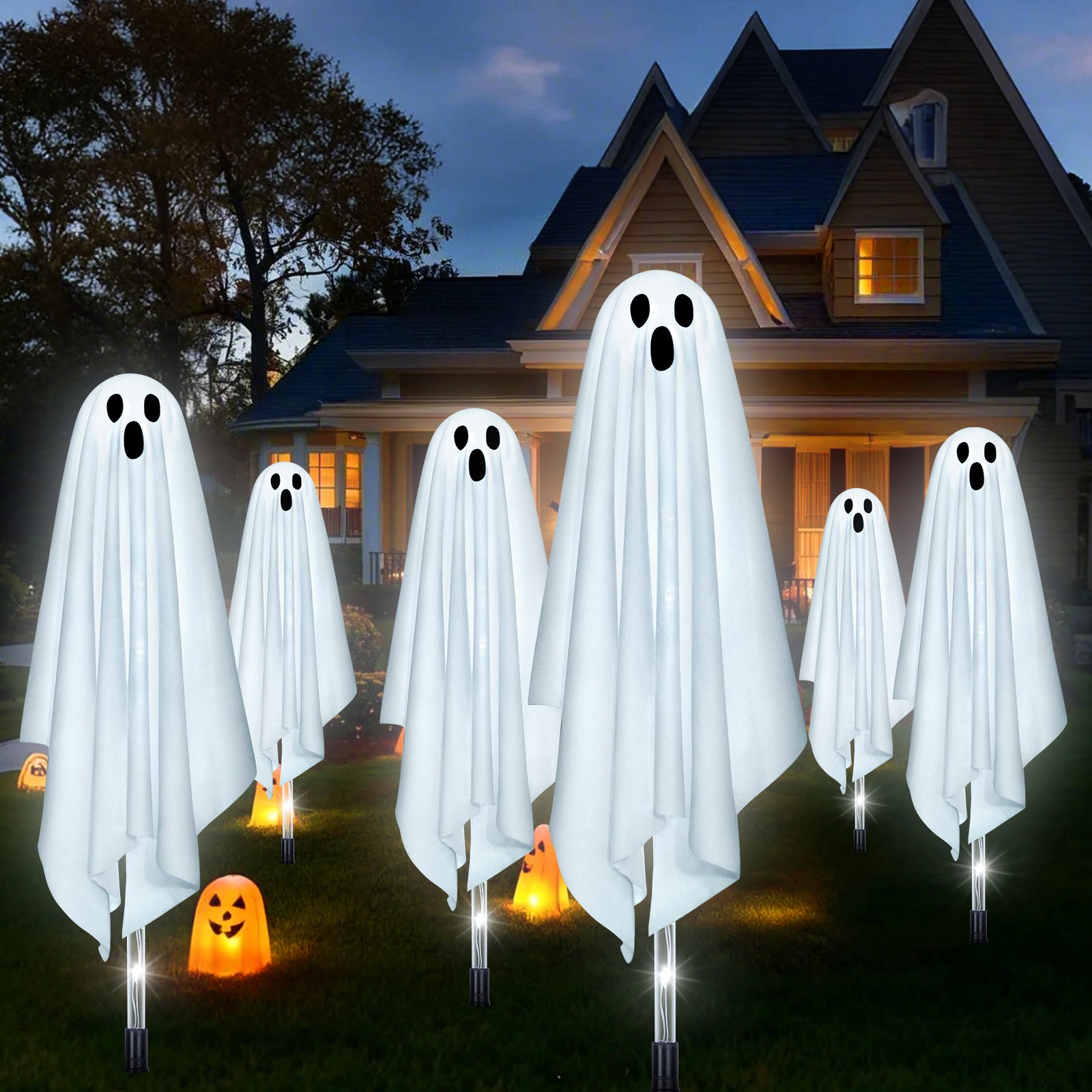Halloween Decorations Outdoor, 6 pack Light up Spooky Ghosts with 8 Modes LED Light - Scary Standing Ghosts Decor for Front Door Porch Yard Home Party