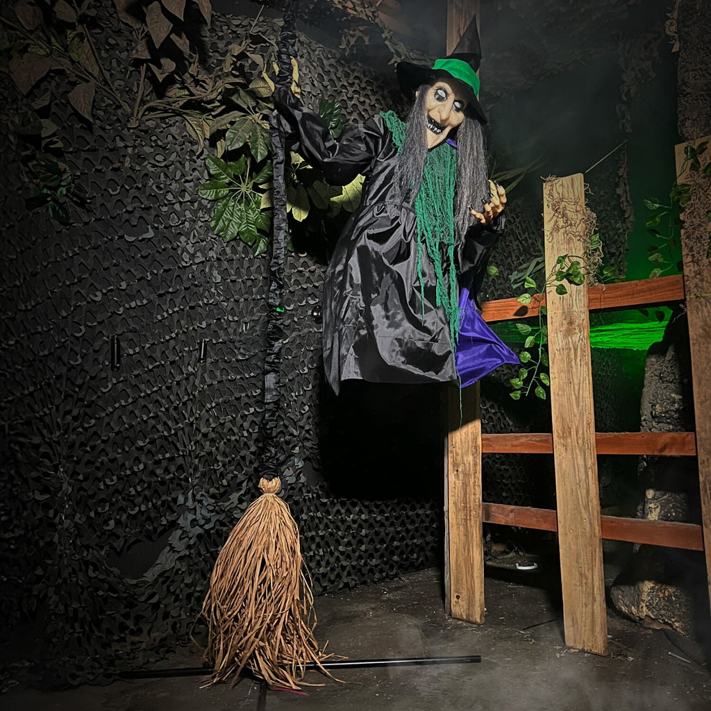 6 ft Touch-Activated Mounted Flying Witch Halloween Animatronic, HHWITCH-52FLS