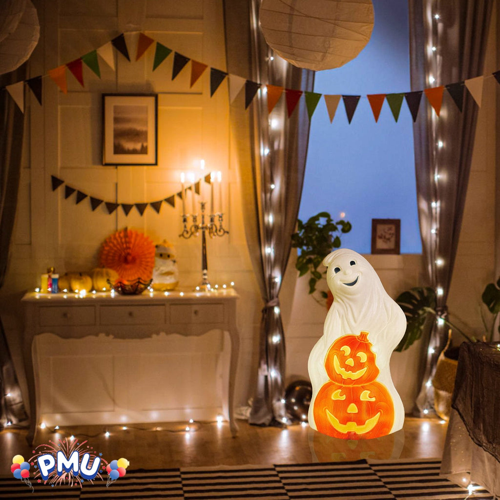 PMU Halloween Light-Up Ghost Pumpkin Trick or Treat Blow Mold Decorations - Perfect for Halloween, Home, Lawn, Yard, Decor (Indoor and Outdoor)