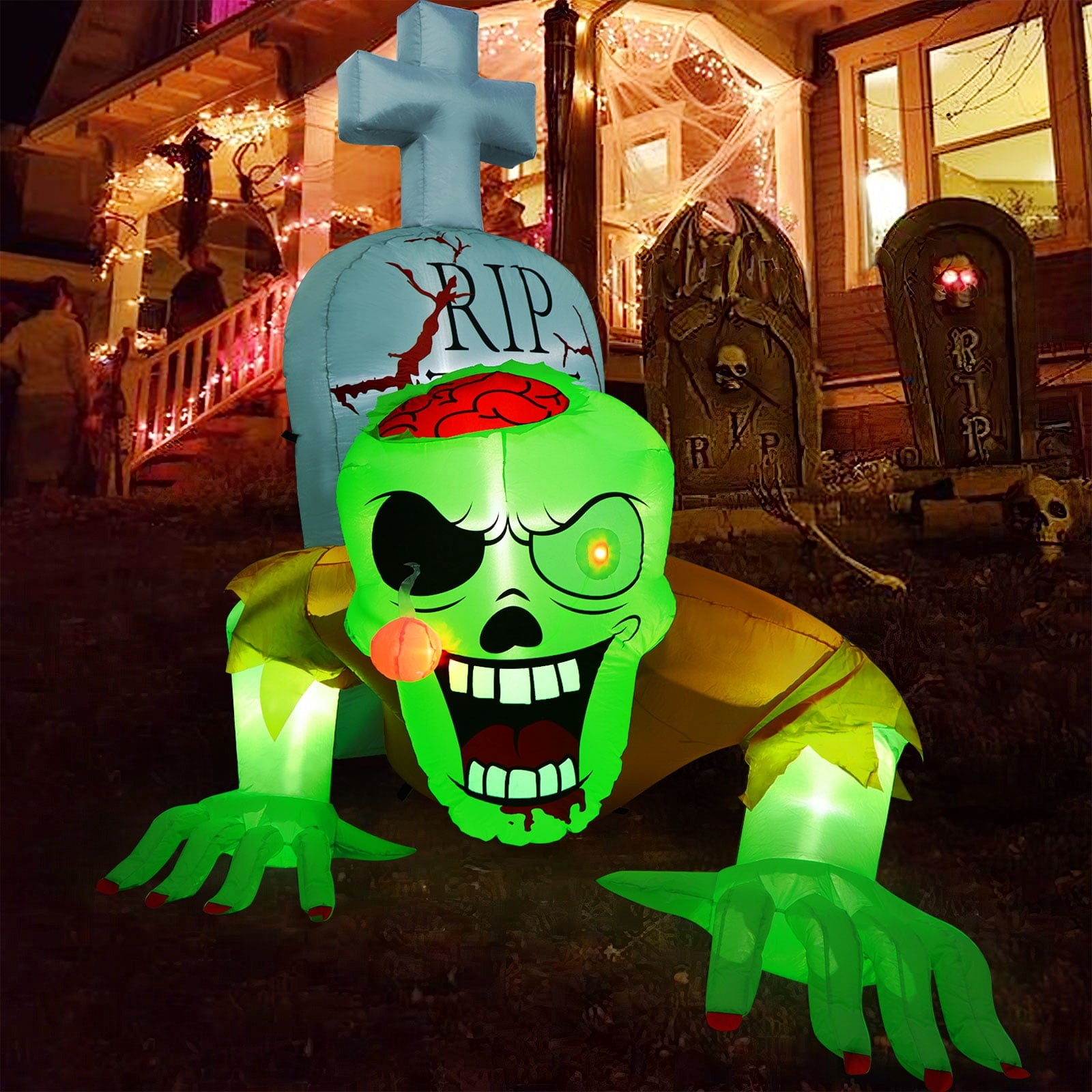 5.7FT Inflatable Halloween Inflatable Crawling Green Ghost with Tombstone Built-in LED Lights Inflatable LED Lights Blow Up Yard Decoration