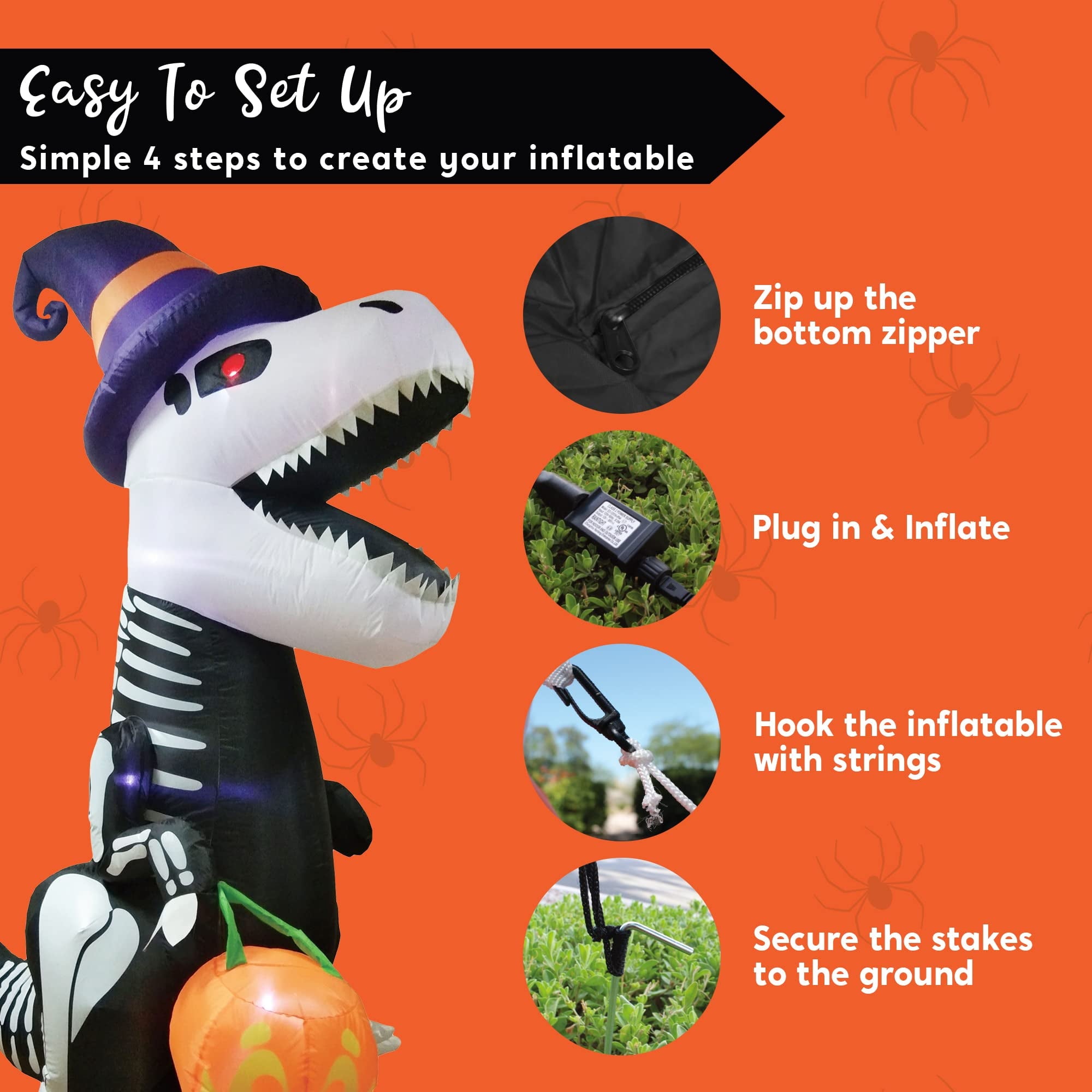 8 FT Halloween Inflatable Skeleton Dinosaur with Build-in LEDs Pumpkin Decorations,Halloween Outdoor Decorations Blow up Yard Decorations