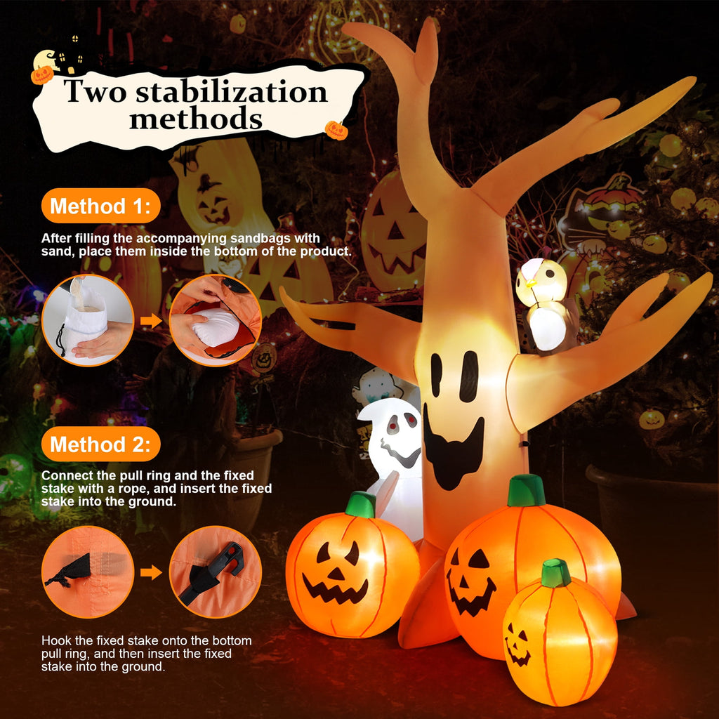 8FT Halloween Inflatables Dead Tree,Outdoor Halloween Decorations with Built-in LED Lights,Halloween Blow Up Yard Decorations with Pumpkin,Ghost,and Owl