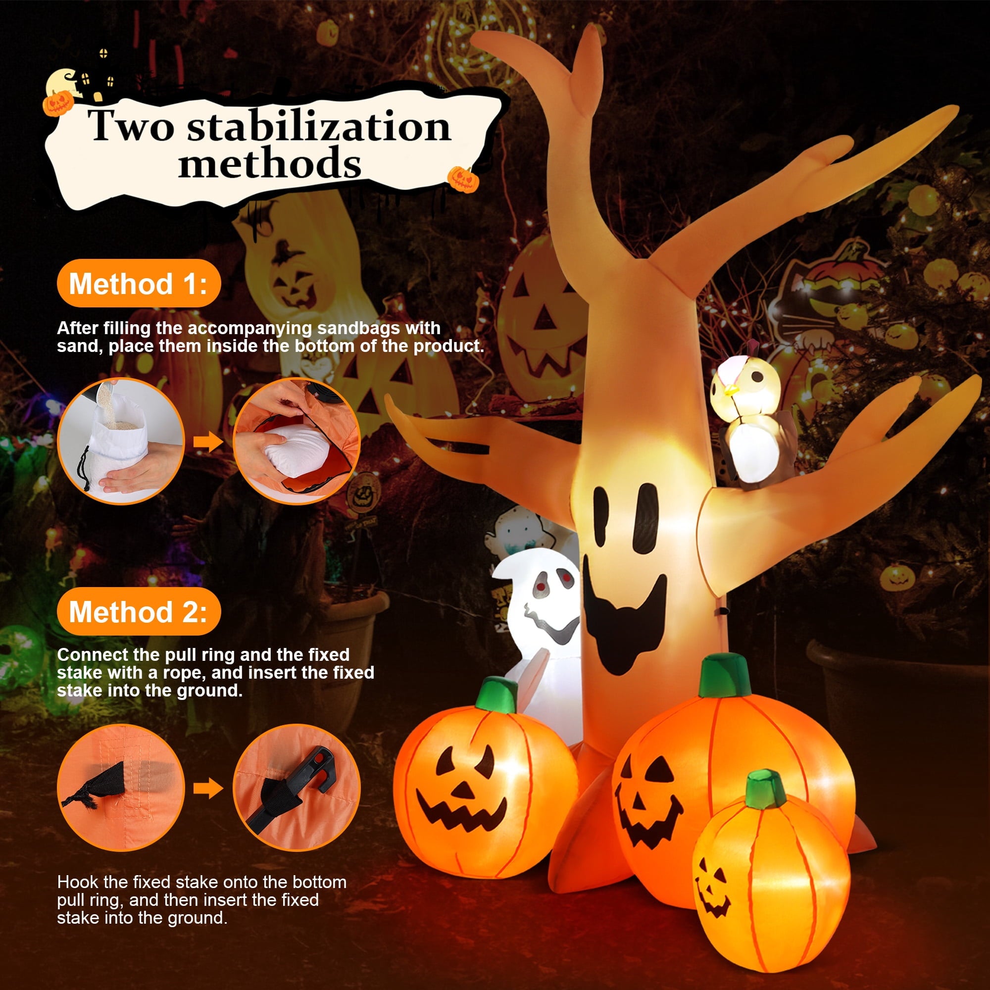8FT Halloween Inflatables Dead Tree,Outdoor Halloween Decorations with Built-in LED Lights,Halloween Blow Up Yard Decorations with Pumpkin,Ghost,and Owl