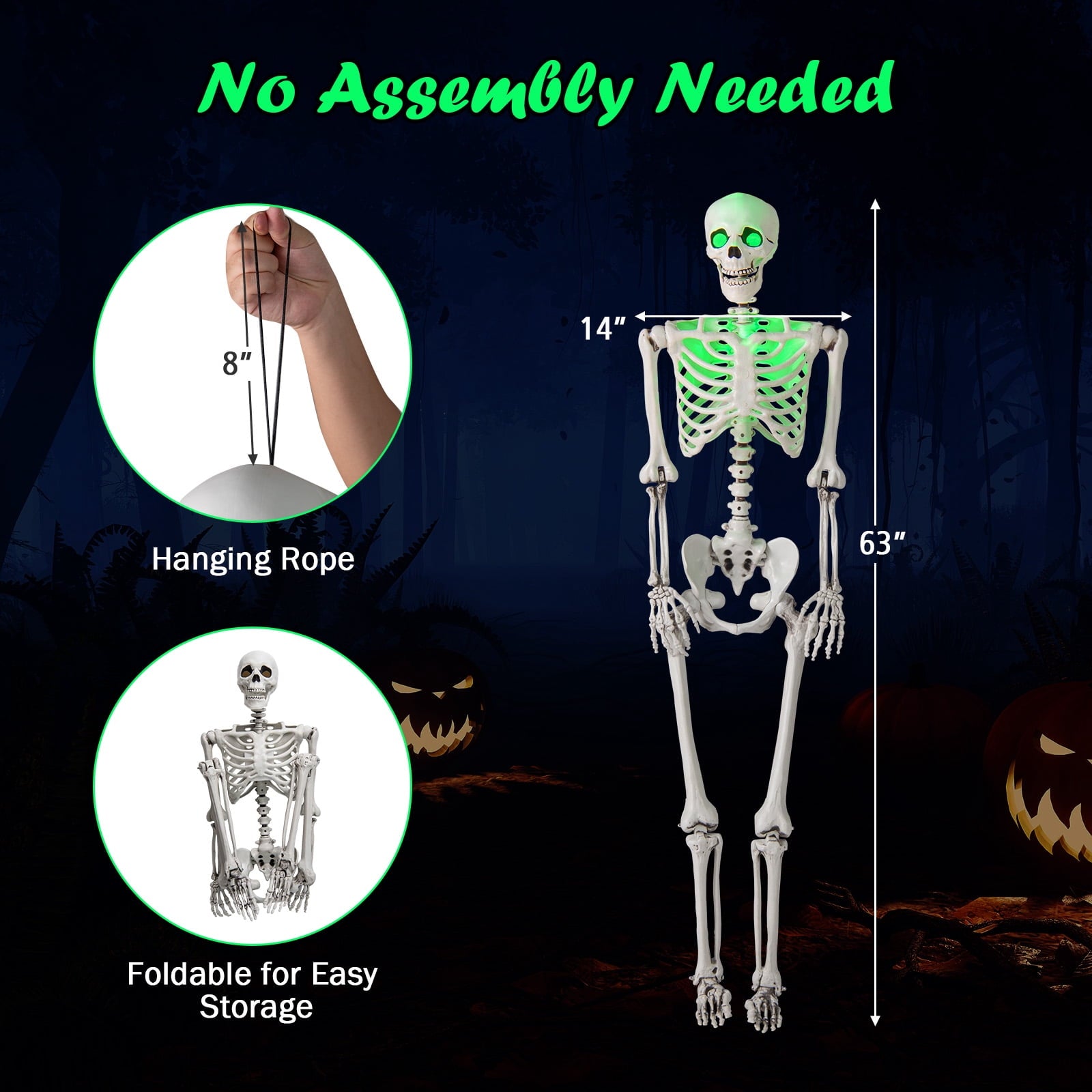 Costway 5.5 FT Poseable Halloween Skeleton Life-Size Decoration with Built-in Lights Green