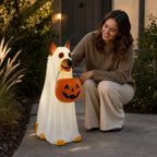 Clearance! Halloween Ghost Dog Statue with Pumpkin Candy Bowl, 14" LED Ghost German Shepherd Blow-Molded Figurine Outdoor, Halloween Candy Holder Decoration Gift for Porch Yard Patio Indoor