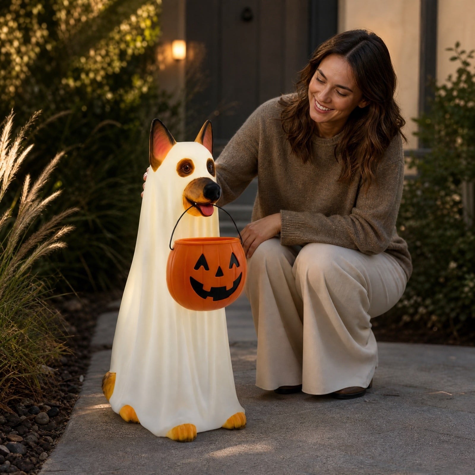 Clearance! Halloween Ghost Dog Statue with Pumpkin Candy Bowl, 14" LED Ghost German Shepherd Blow-Molded Figurine Outdoor, Halloween Candy Holder Decoration Gift for Porch Yard Patio Indoor