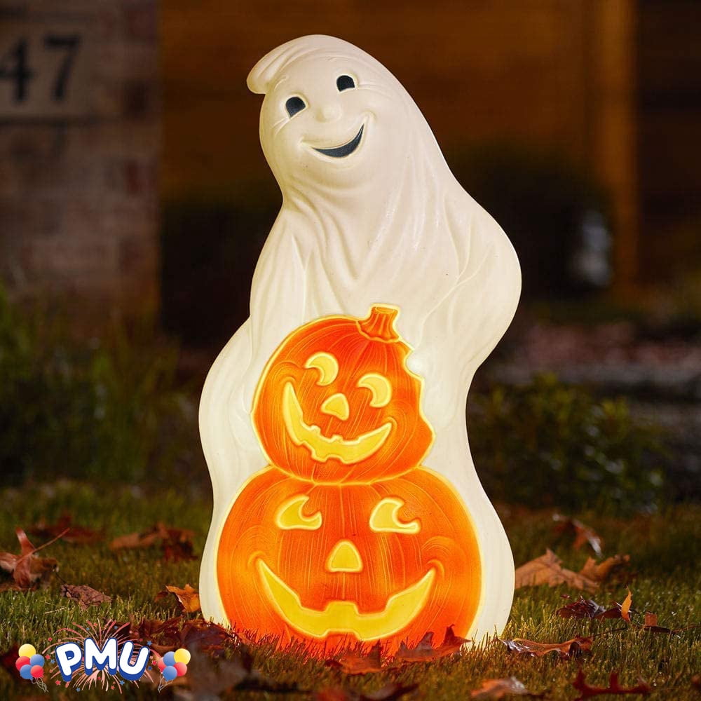PMU Halloween Light-Up Ghost Pumpkin Trick or Treat Blow Mold Decorations - Perfect for Halloween, Home, Lawn, Yard, Decor (Indoor and Outdoor)
