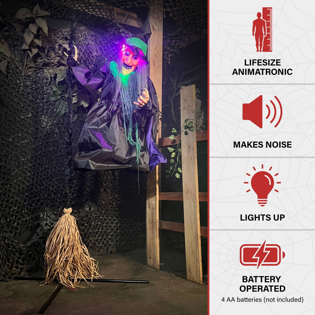 6 ft Touch-Activated Mounted Flying Witch Halloween Animatronic, HHWITCH-52FLS