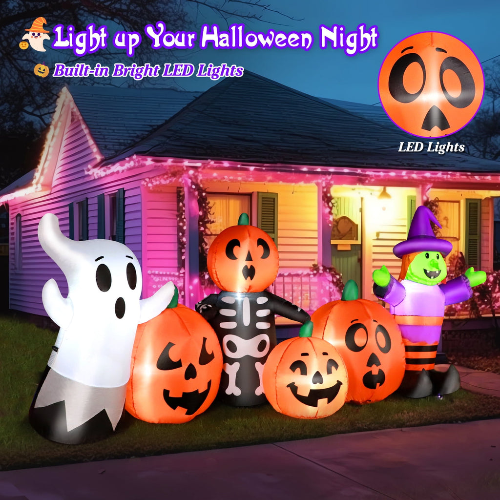 8FT Length Halloween Inflatable Witch, Ghost, with Pumpkin Outdoor Decoration for Party Garden Lawn House Holiday Decor,Built-in LED Lights & Powerful Air Blower