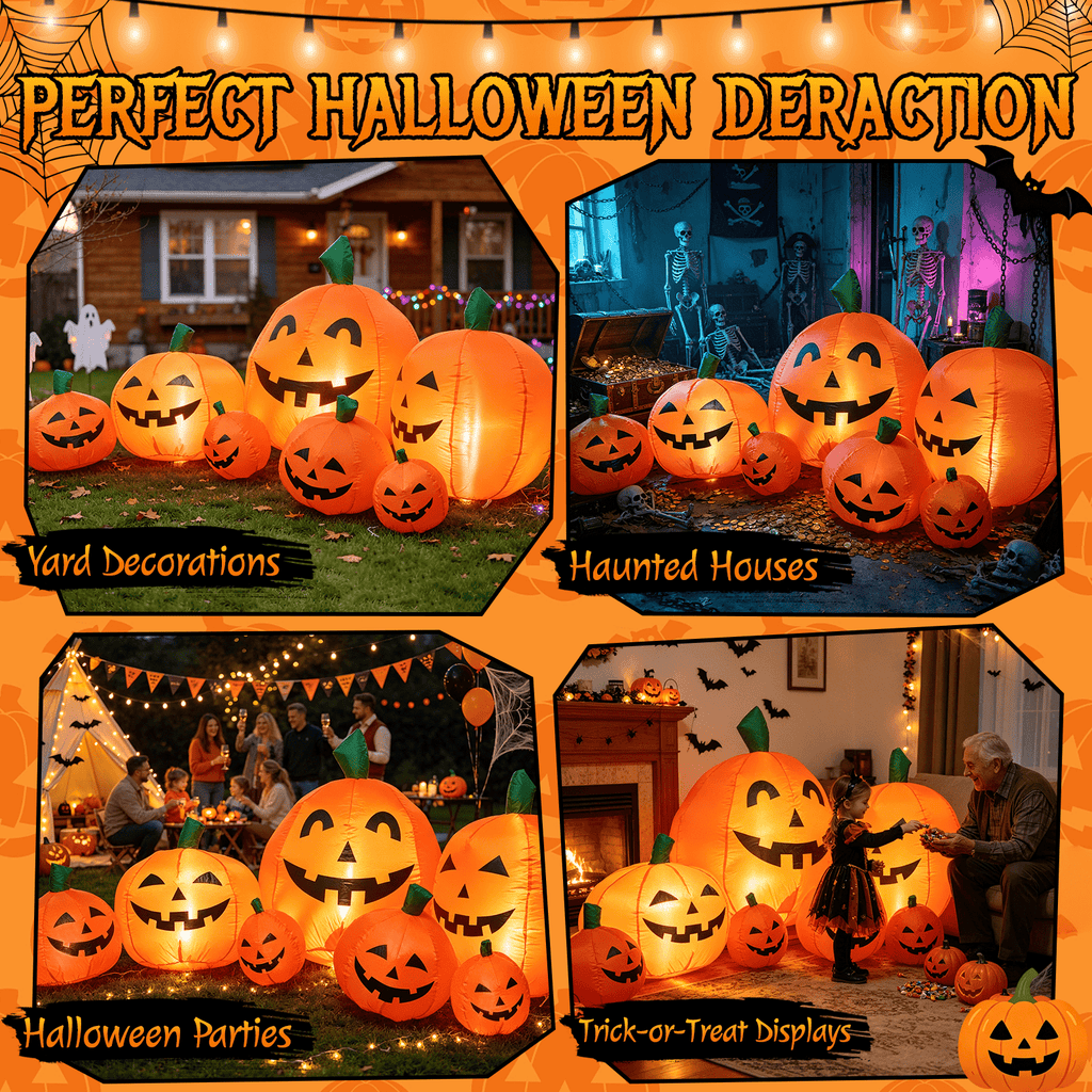 7.5 FT Long Halloween Inflatables Pumpkin Family Lighted,7 Pumpkins Blow Up Yard Decoration, Built-in LEDs, Stakes & Tethers Included for Outdoor Lawn Garden Halloween Decor