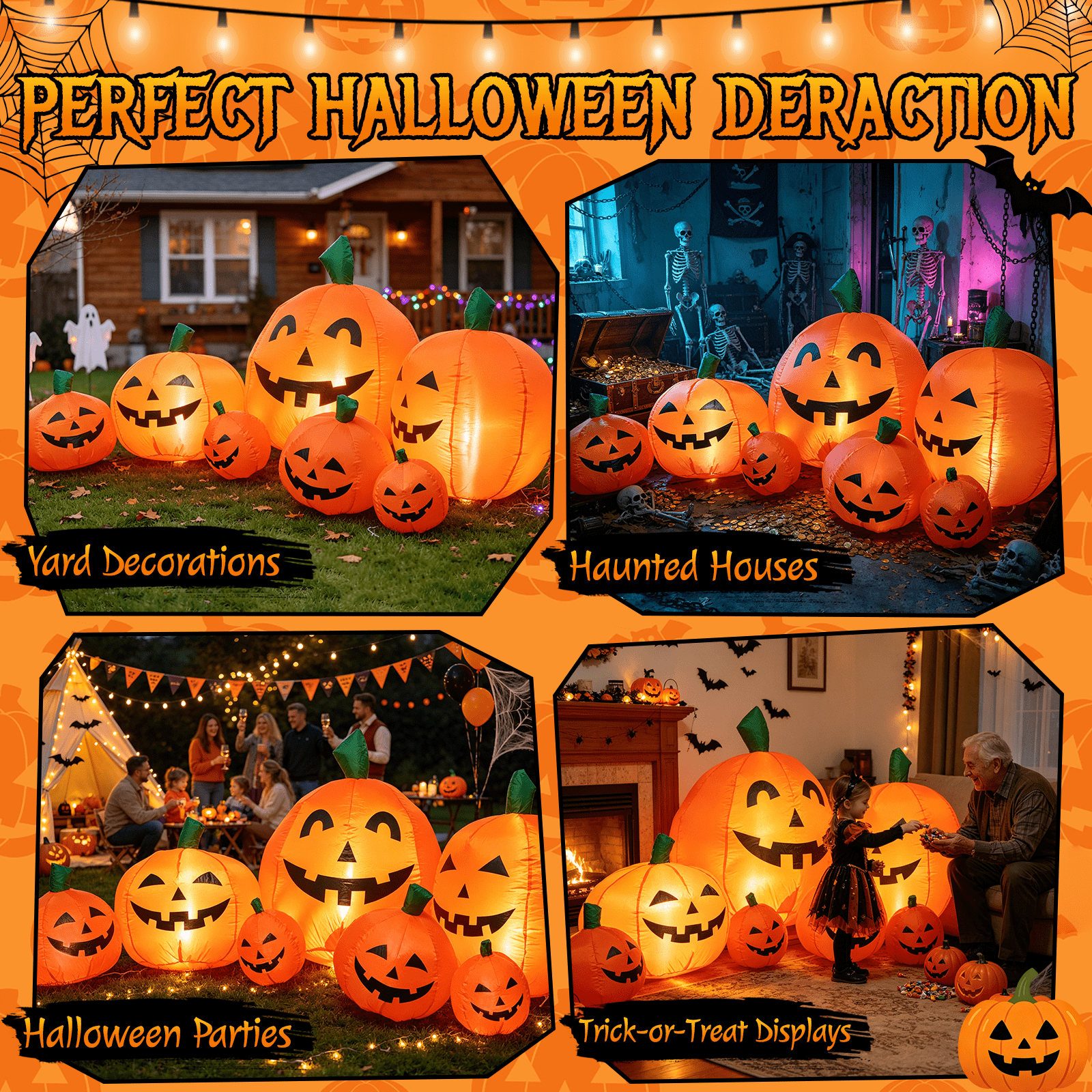 7.5 FT Long Halloween Inflatables Pumpkin Family Lighted,7 Pumpkins Blow Up Yard Decoration, Built-in LEDs, Stakes & Tethers Included for Outdoor Lawn Garden Halloween Decor