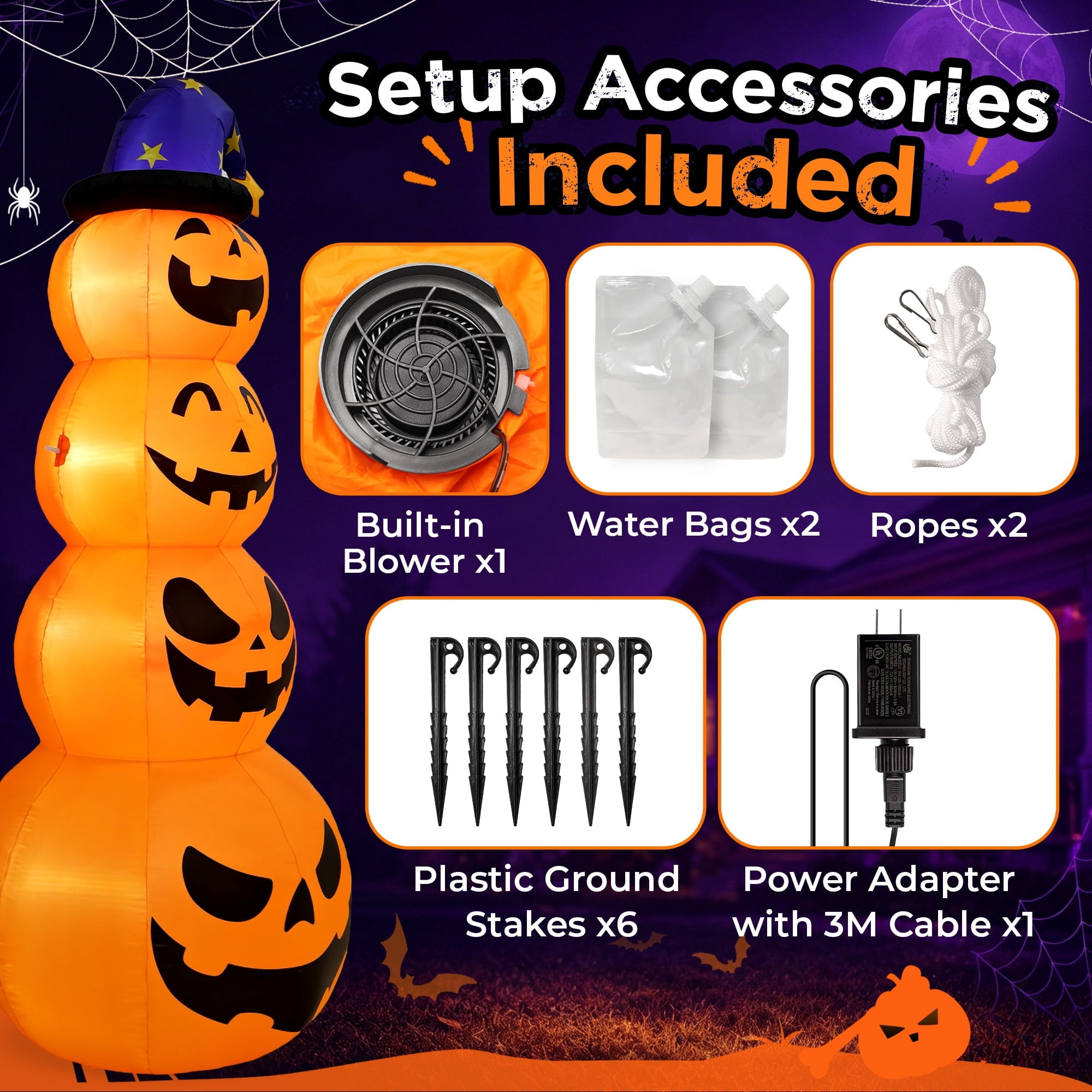 8ft Halloween Inflatable, Stacked Pumpkins with Witch Hat and Built-in LED Lights, Outdoor Blow up Yard Decor for Lawn, Garden, Porch and Halloween Party, Orange