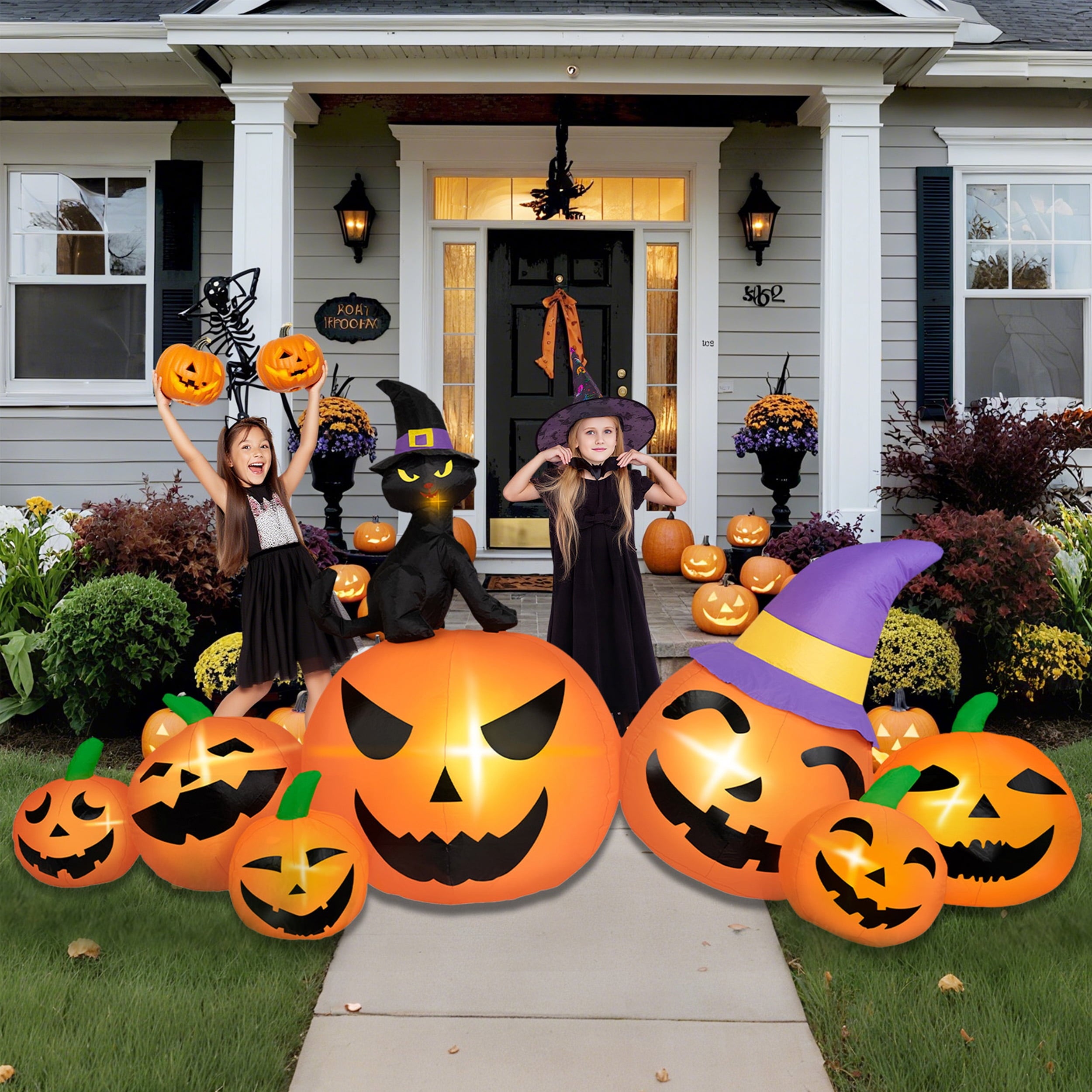 B&D 8FT Long Halloween Inflatables Pumpkin, Blow Up Pumpkins Inflatables with Witch Hat & Black Cat Built-in LED Lights for Halloween Party Yard Garden Lawn Decor