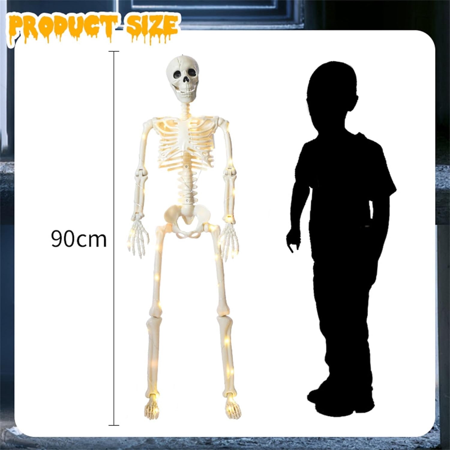36" Full Body Skeleton Decoration,Halloween Posable Skeleton with Lights, Posable Joints Gothic Skeletons Decoration for Outdoor Indoor Yard Patio Haunted House,Light Up Spooky Party Props Decor