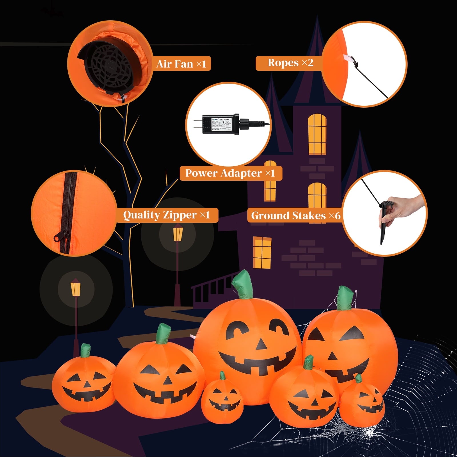 7.4' Halloween Inflatables Outdoor Halloween Decoration with LED Lights 7pcs Blow up Pumpkins
