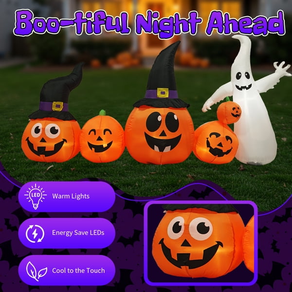 8FT Halloween Inflatable Pumpkin Ghost Scene, 5 Total LEDs, Waterproof Polyester, Quick Inflation with Stakes/Ropes for Yard/Garden/Indoor