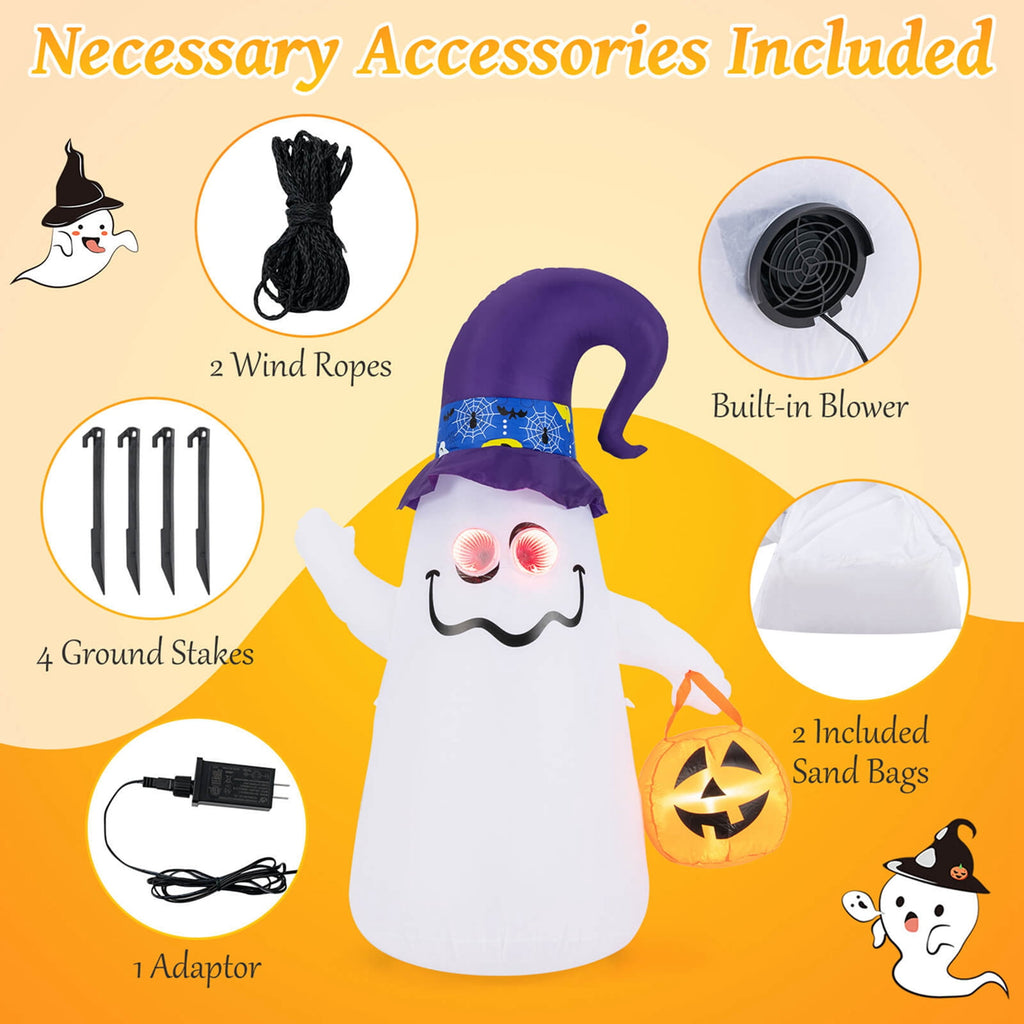 Costway 6 Ft Halloween Inflatables Cute Ghost with Jack-O-Lantern & Witch Hat