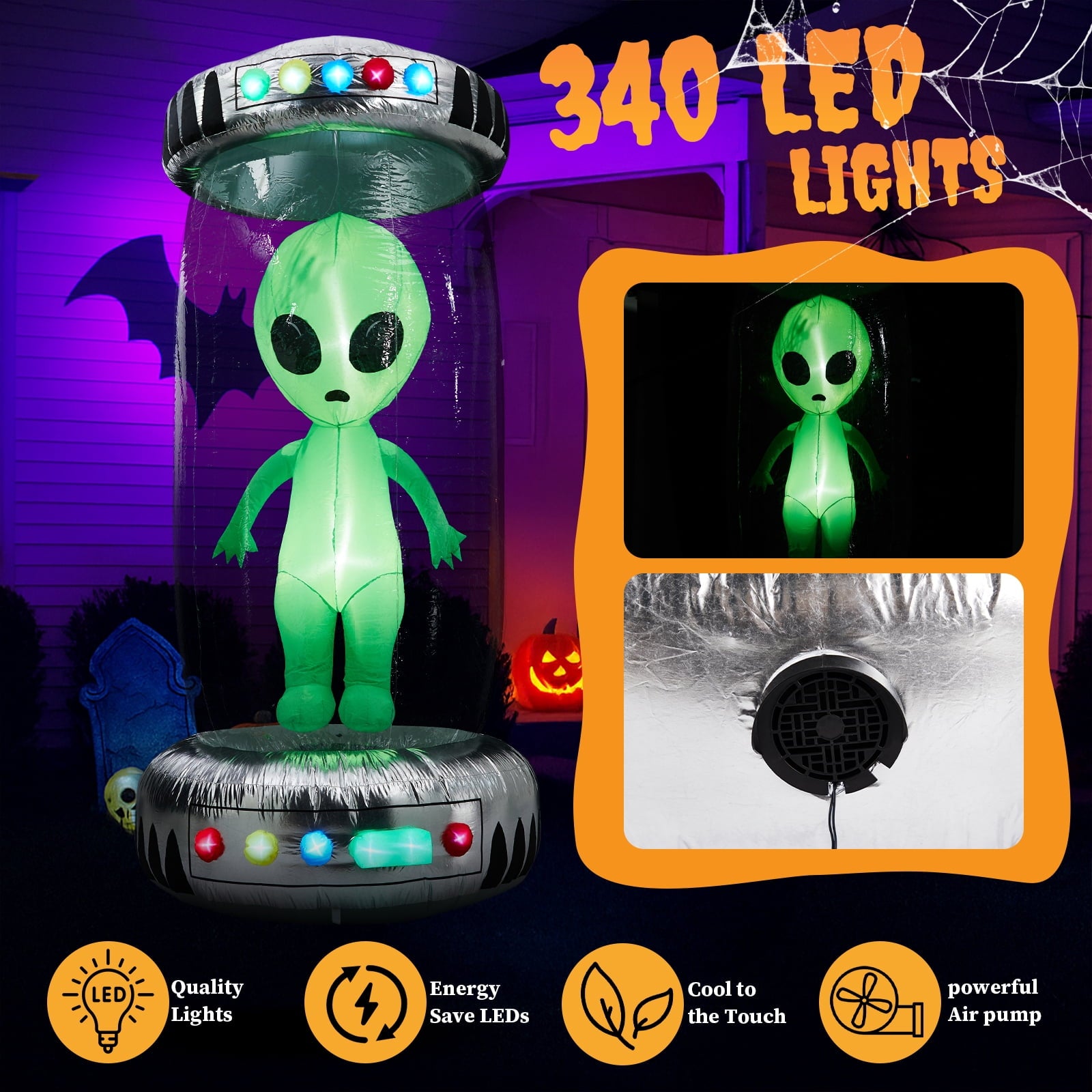 8' Halloween Inflatables UFO Alien Decoration Outdoor Light-up Holiday Decoration Halloween Decoration