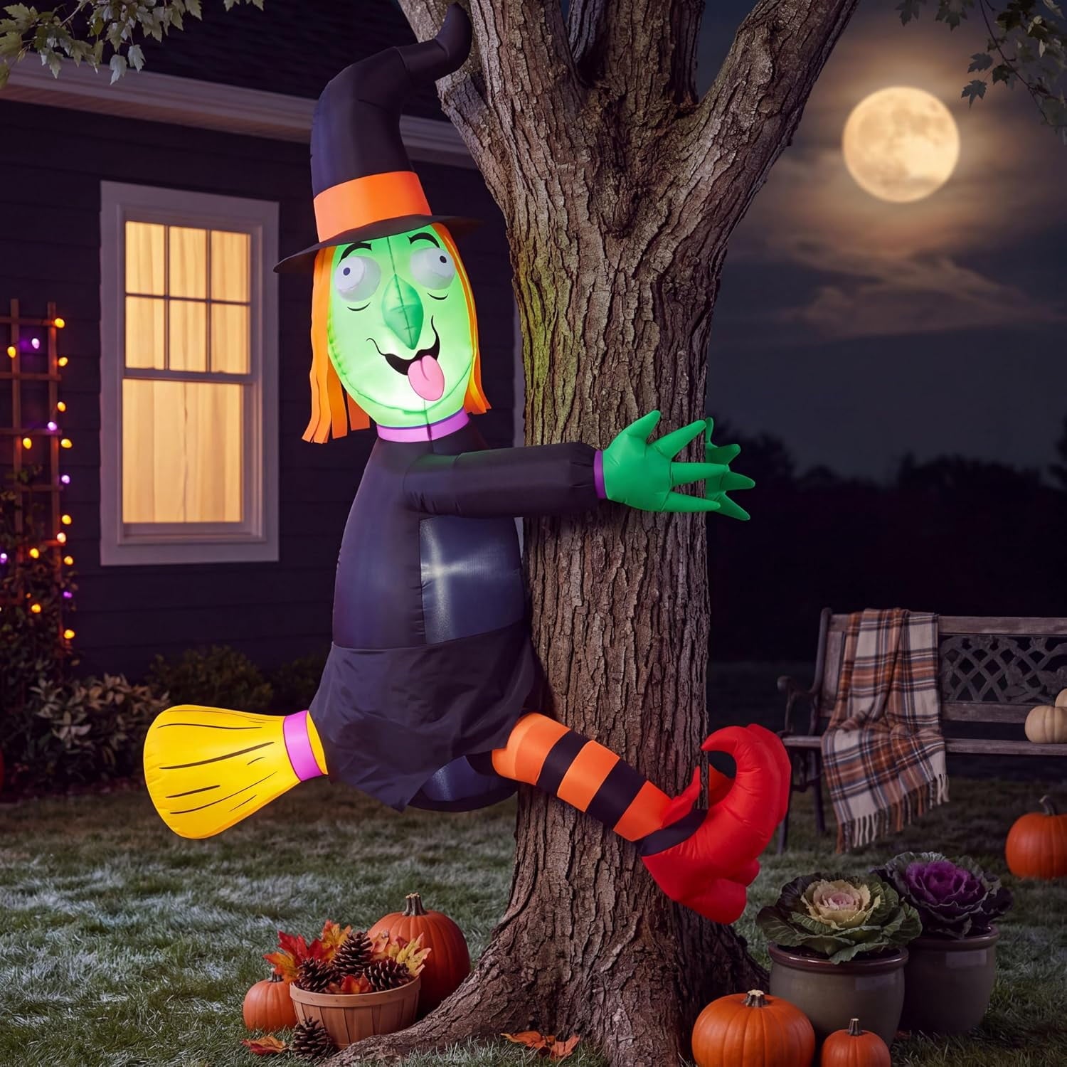 4 FT Halloween Inflatables Witch Crashing Into Tree,LED Lighted Blow Up Yard Decoration for Outdoor Garden Lawn Party Decor