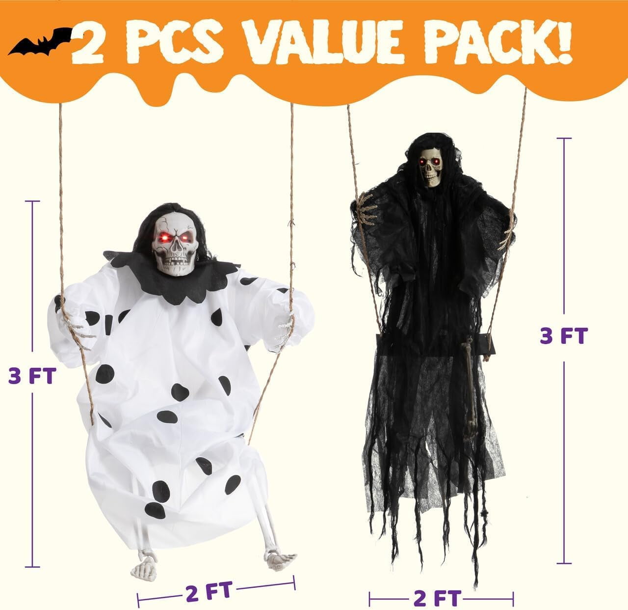 2 Packs Halloween Decorations Outdoor Hanging Swinging Skeleton Ghosts,3 ft Light Up Creepy Grim Reaper Decorations for Halloween Hanging Decorations Indoor Outdoor Yard