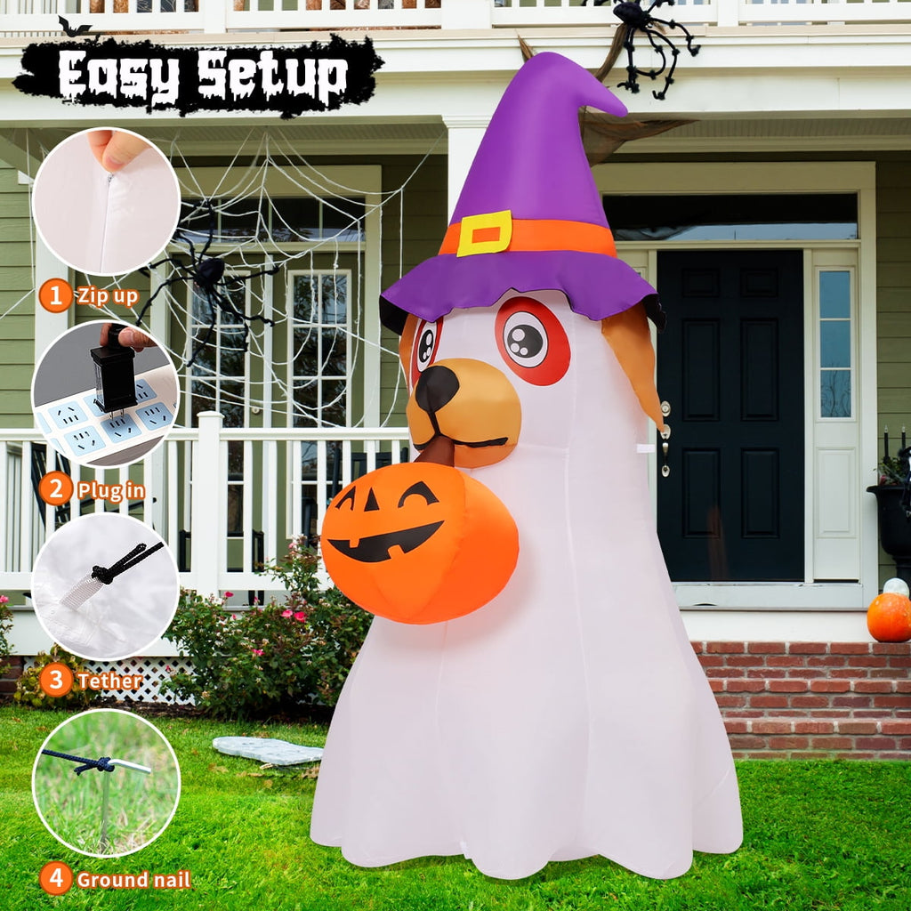 Halloween Inflatables 6 FT Inflatable Ghost Dog with Pumpkin in Mouth & Witch Hat, Halloween Ghost Dog Inflatables with LED Lights, Outdoor Halloween Decorations for Halloween Holiday Party
