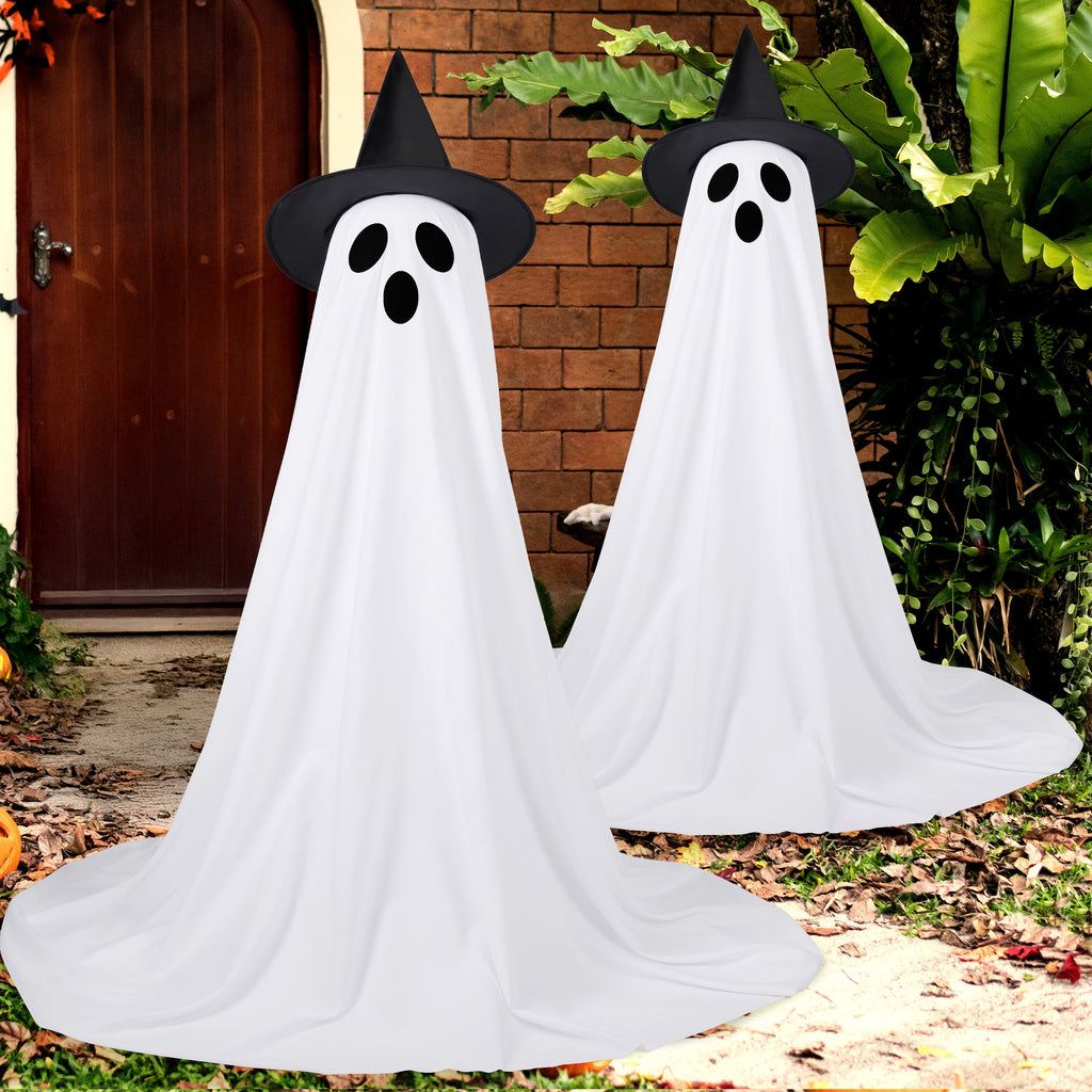 2 Packs Halloween Decorations Outdoor,Light Up Halloween Spooky Standing Ghost with Witch Hat,Scary Ghosts Decor with LED Lights for Front Porche Yard Garden Home