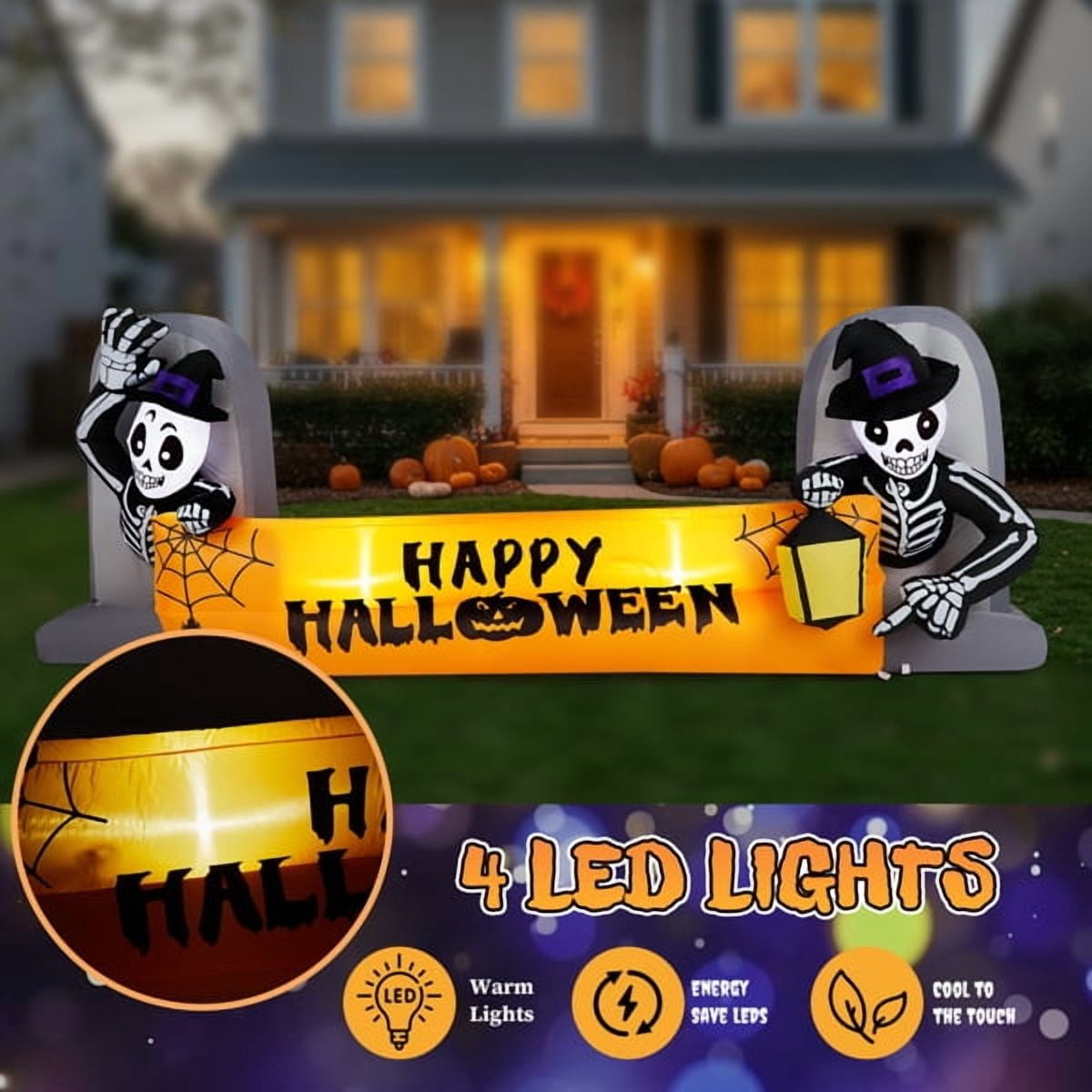 9.6FT Halloween Inflatable Skeleton Tombstone Banner, Built-in 4 White LED Lights, Quick Inflation for Yard/Patio/Party