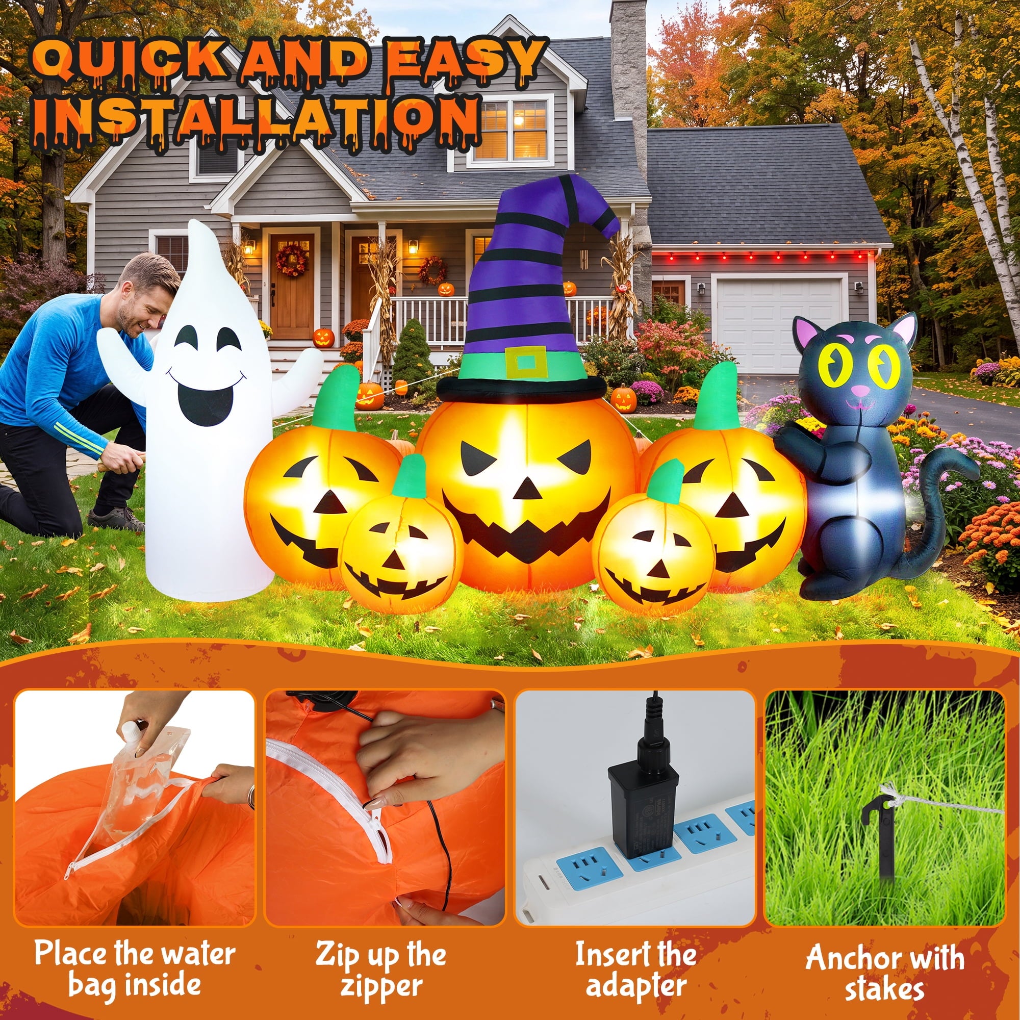 8FT Long Halloween Inflatable Pumpkin with Ghost and Black Cat,Outdoor Halloween Decoration with LED Lights for Yard Lawn Garden Porch Party Decor