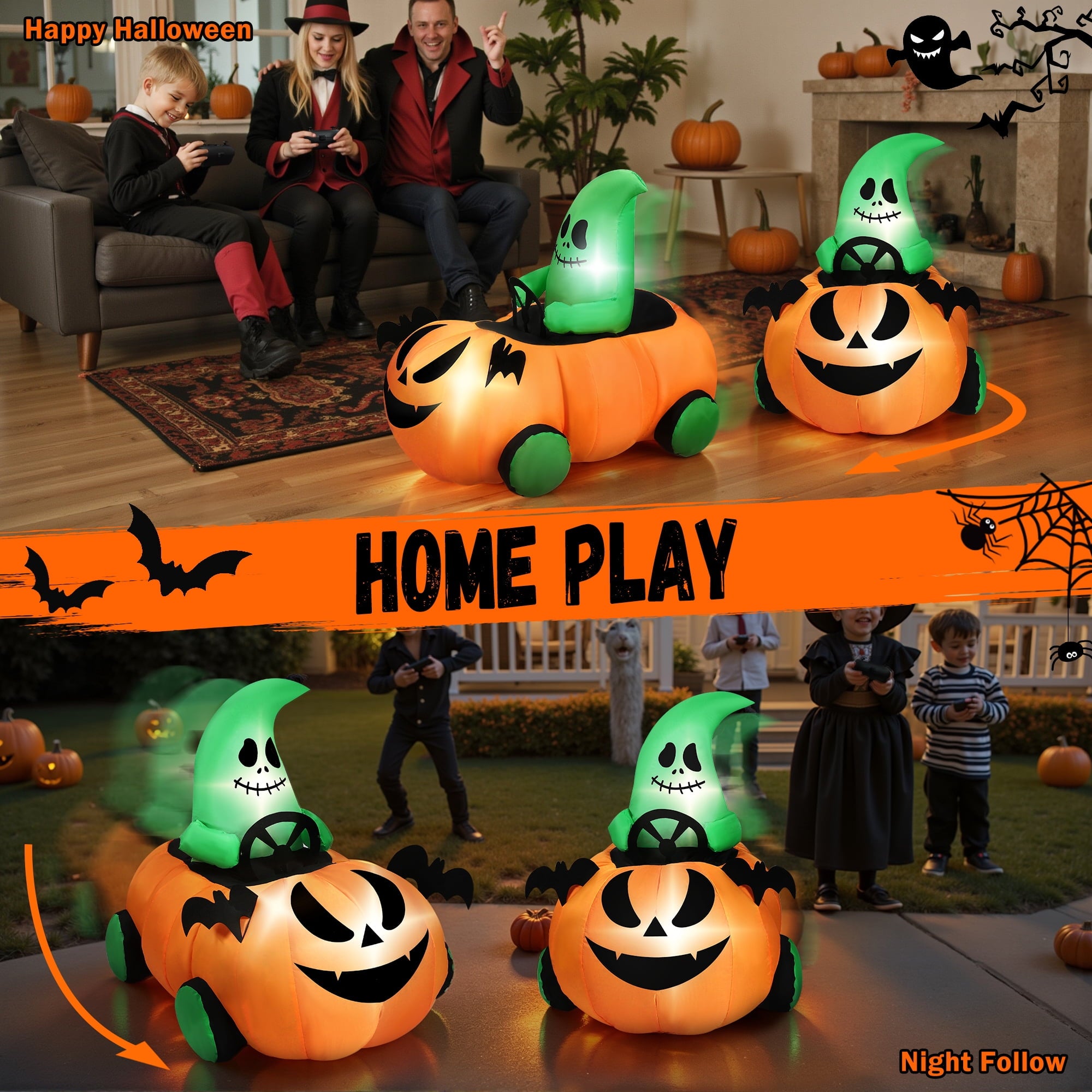 2.6ft Halloween Inflatable with Music and Lights,Remote Control Pumpkin Ghost Car,Blow ups Rc Car,Indoor Outdoor,Orange Green