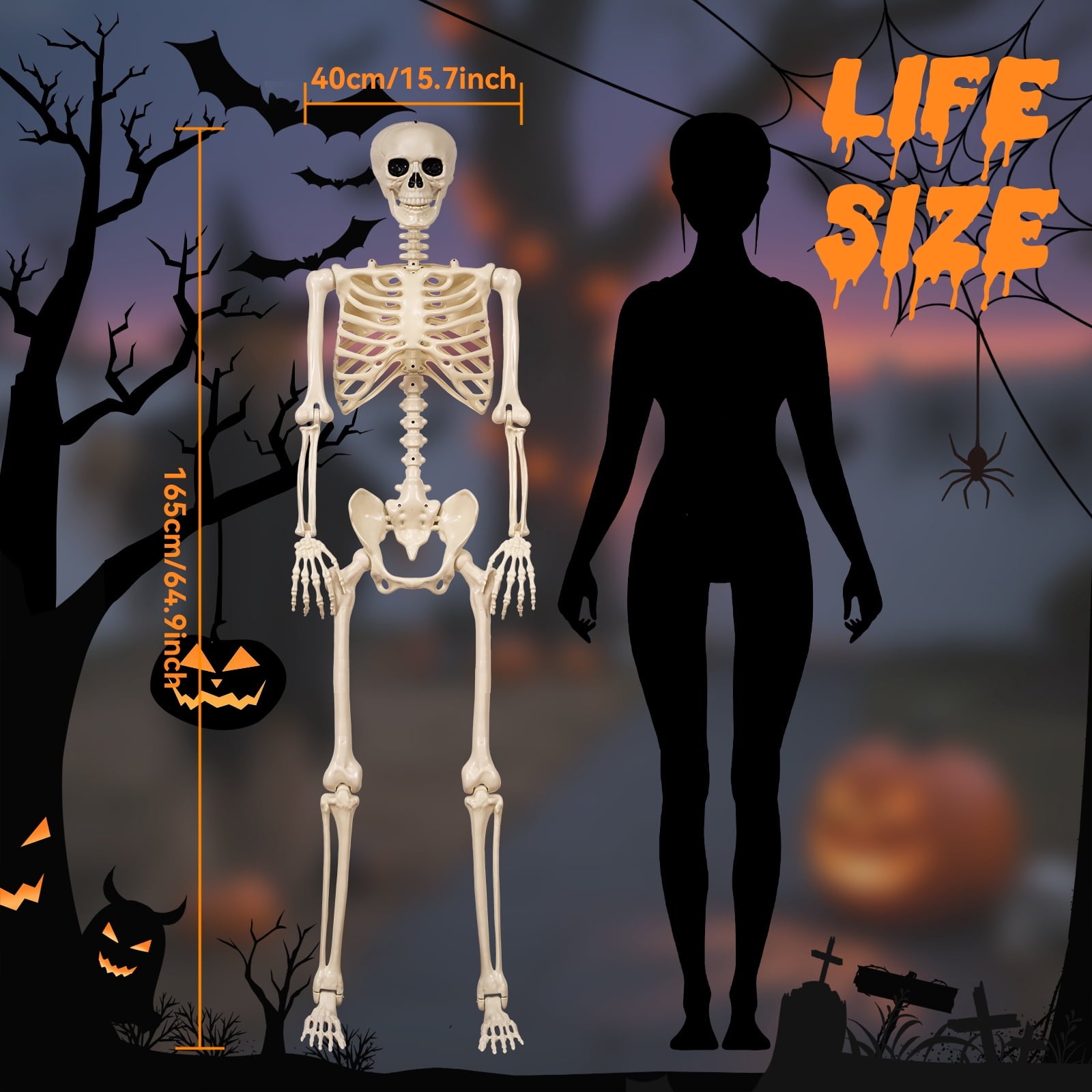 5.4 ft Halloween skeleton decoration, with movable joints, flexible skeleton for poses, scary skeleton suitable for indoor and outdoor Halloween decorations, haunted houses, courtyards, cemeteries.