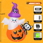 COMIN 5 FT Halloween Inflatables Pumpkin Ghost Cat Outdoor Decorations Blow Up Yard with Built-in LEDs for Indoor Party Garden Lawn Decor