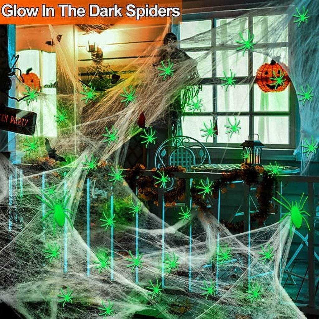 JoyX Giant Halloween Spider Web Decoration Set, 23 ft Huge Web with 50" Large Spider, LED Light, and Glow in The Dark Spiders for Outdoor Yard Decor