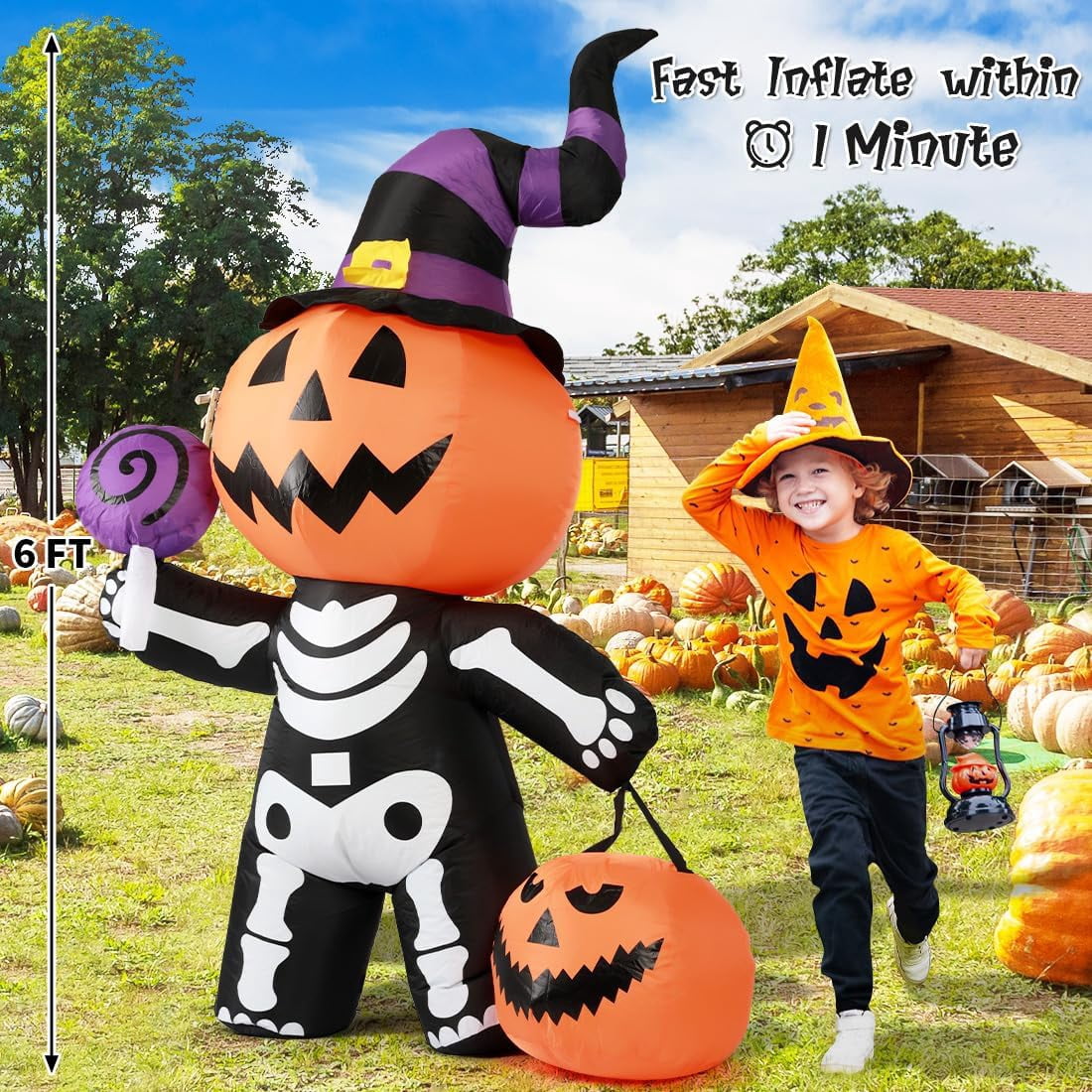 Halloween Inflatables 6 FT Halloween Pumpkin Inflatable with Skull Body, Scary Blow Up Halloween Pumpkin Decoration with LED Lights, Outdoor Halloween Decorations Clearance for Holiday Party