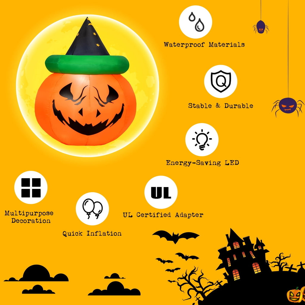 Patiojoy Halloween Decoration 4 Ft Blow-up Inflatable Pumpkin With Witch Hat LED Bulbs Yard