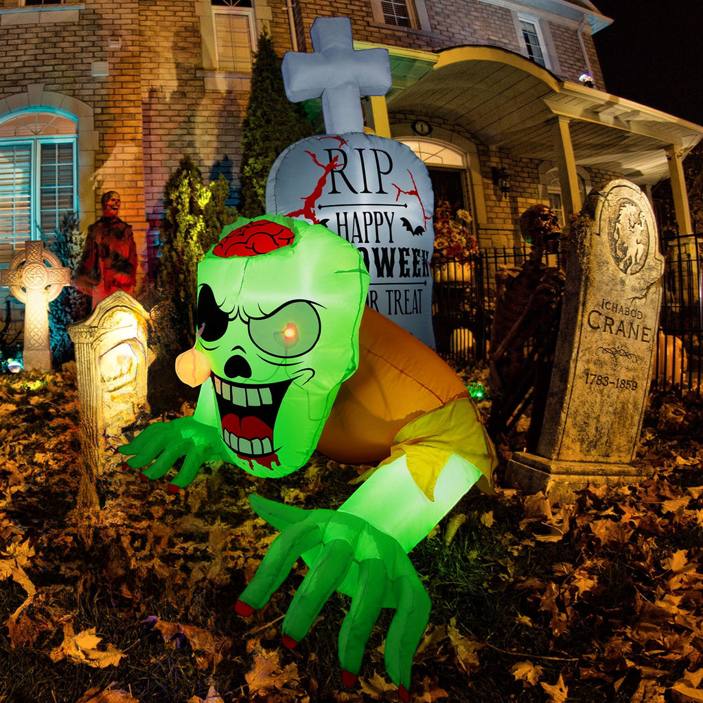 5.7FT Inflatable Halloween Inflatable Crawling Green Ghost with Tombstone Built-in LED Lights Inflatable LED Lights Blow Up Yard Decoration