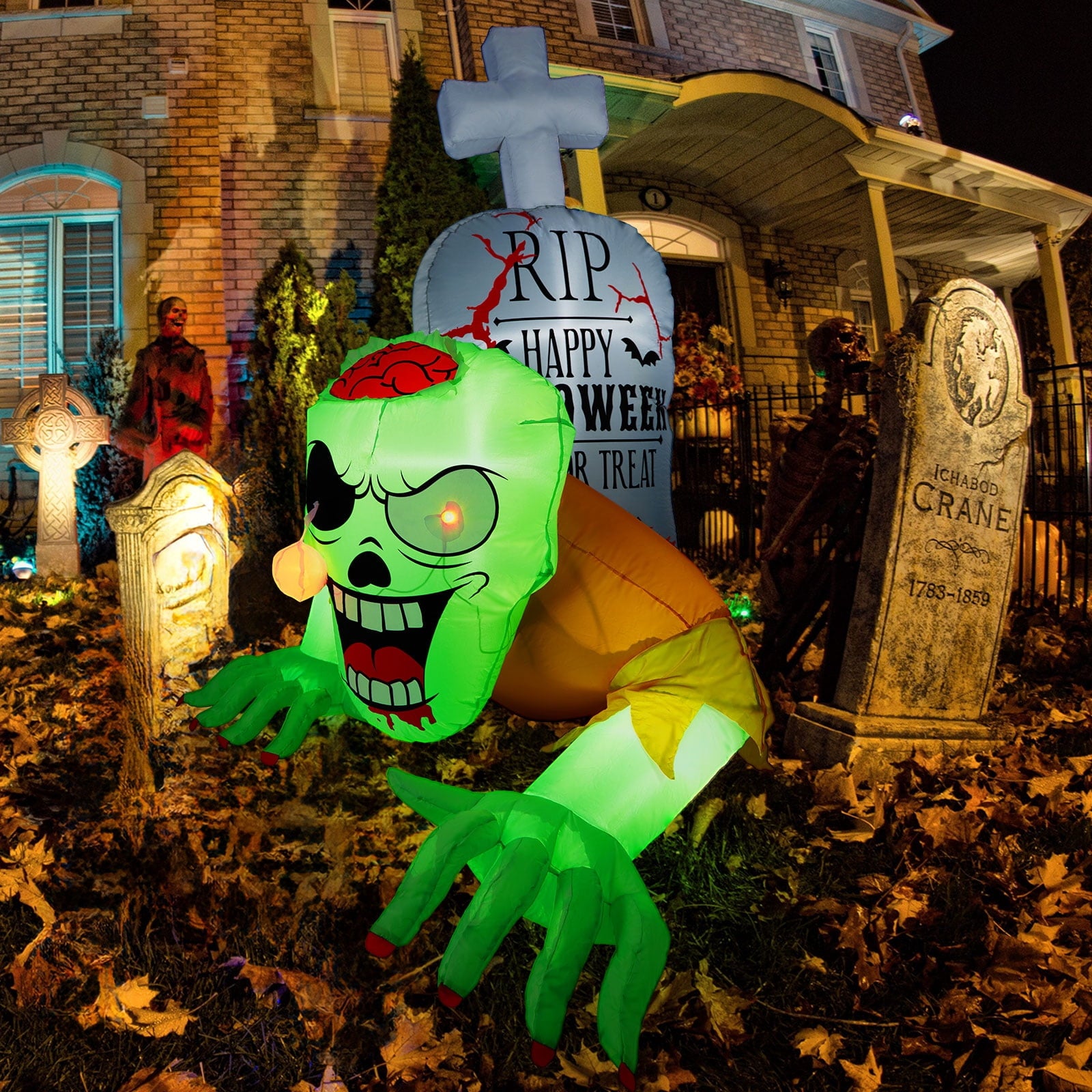 5.7FT Inflatable Halloween Inflatable Crawling Green Ghost with Tombstone Built-in LED Lights Inflatable LED Lights Blow Up Yard Decoration