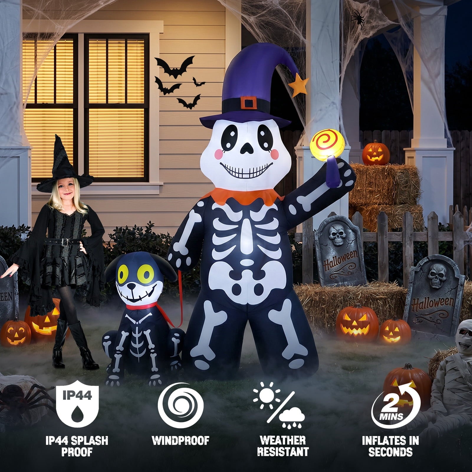 Halloween Inflatables Decorations Skeleton and Dog, Halloween Blow ups Yard Decorations Outdoor for Garden Lawn