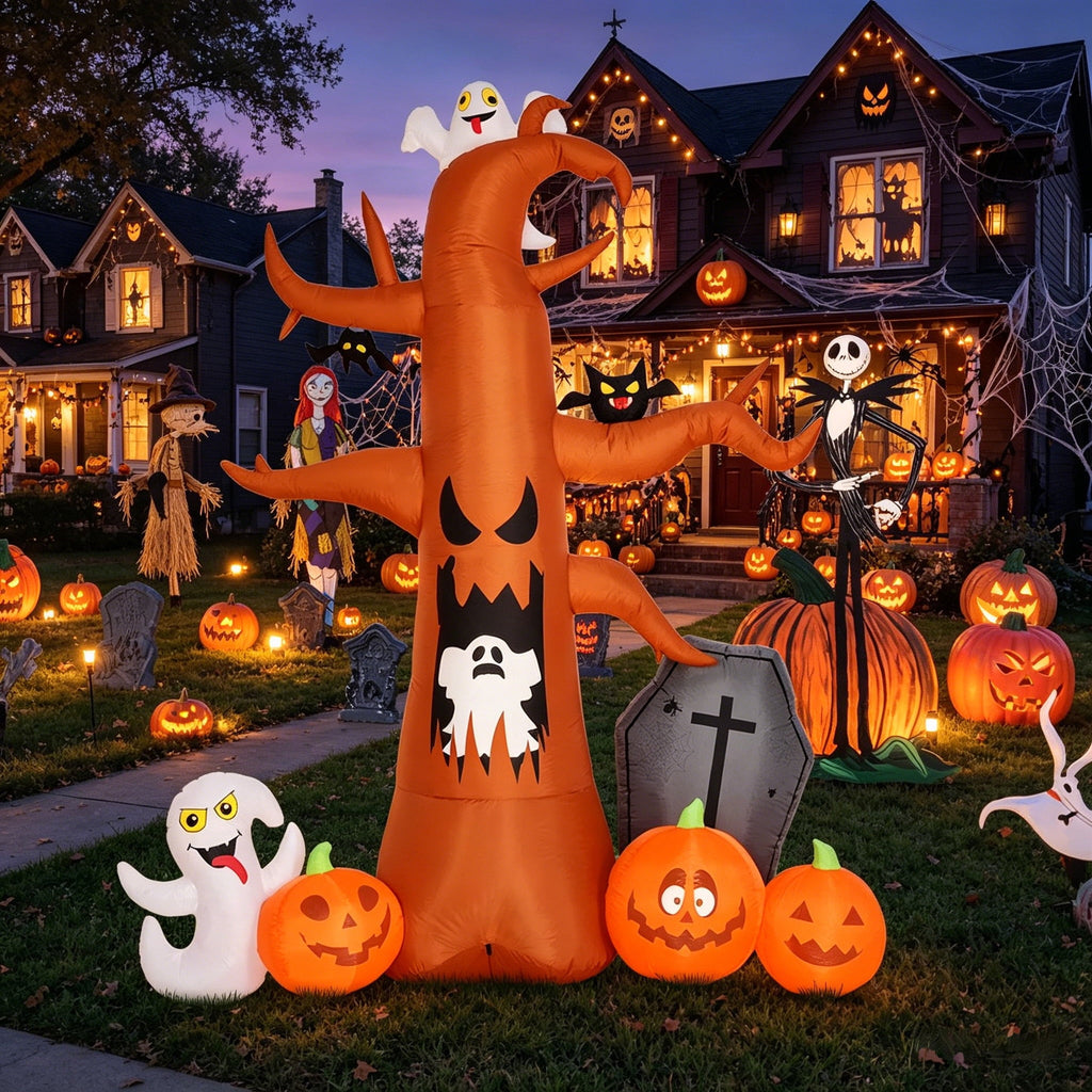 Coolmade 8 ft Halloween Inflatable Outdoor Dead Tree with Ghosts Pumpkins Tombstone Bat, Halloween Blow Up Yard Decorations Clearance with Build-in LED Lights for Holiday Party Lawn Yard Garden