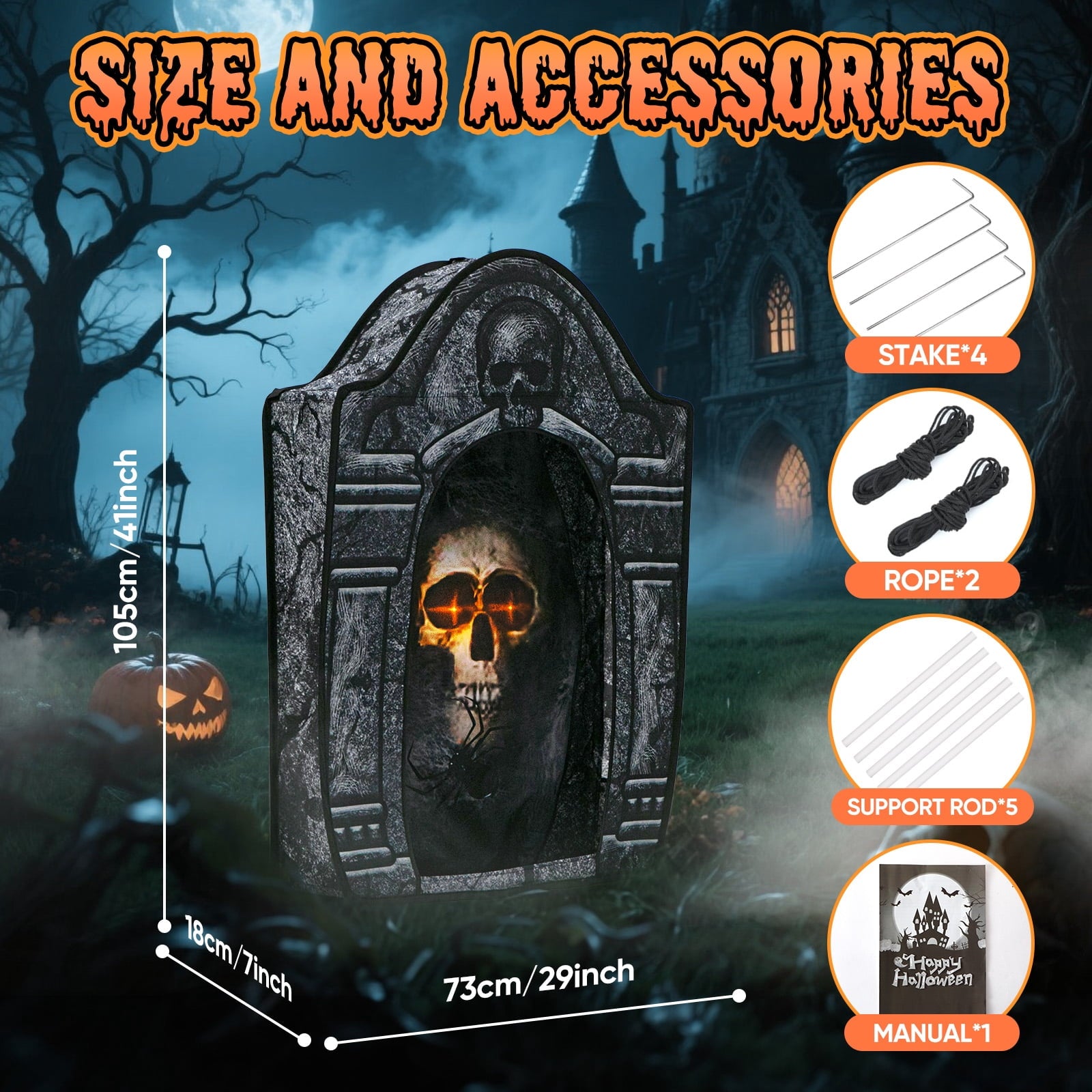 Toiyjofe 3.5ft Large Halloween Tombstone with LED Skull Eyes, Foldable Battery Powered Graveyard Decor for Lawn, Garden & Haunted House