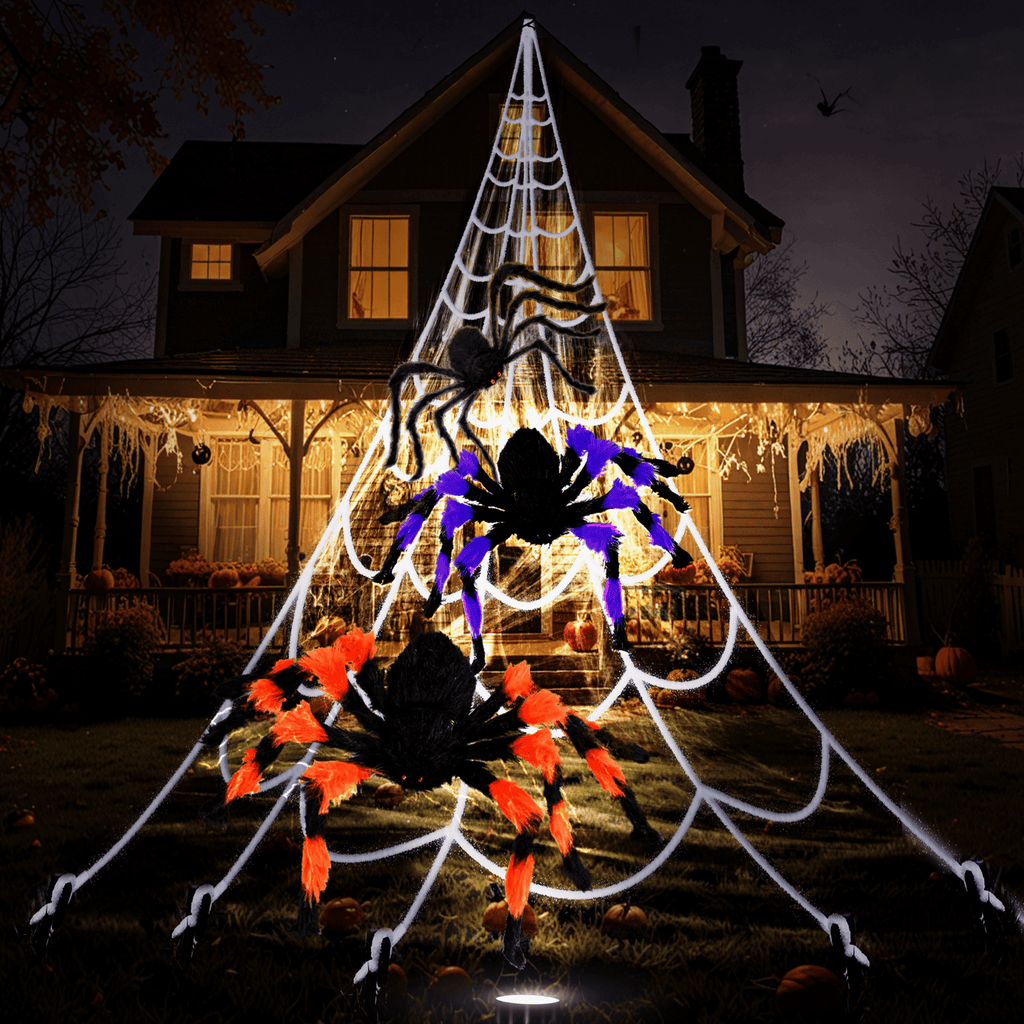 JoyX Giant Halloween Spider Web Decoration Set, 23 ft Huge Web with 50" Large Spider, LED Light, and Glow in The Dark Spiders for Outdoor Yard Decor