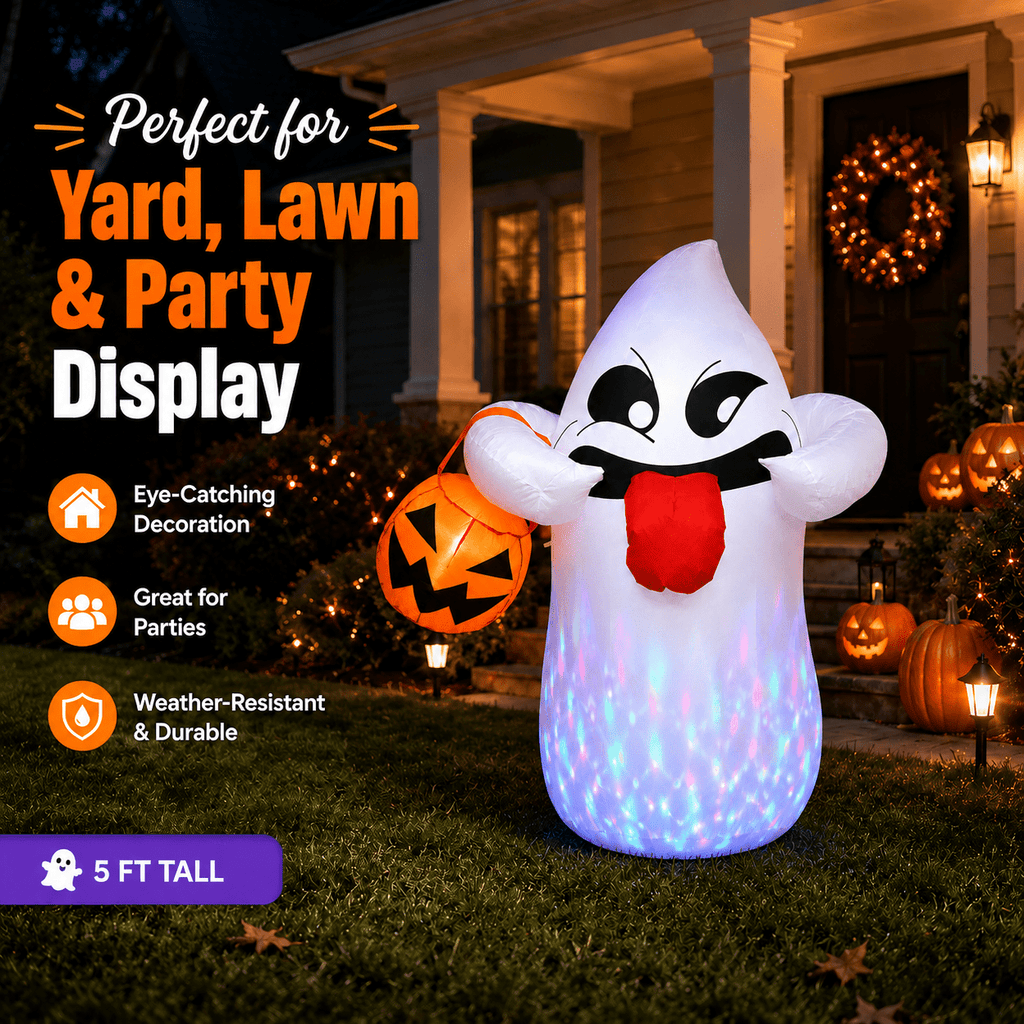 5FT Halloween Inflatable Ghost Holding Pumpkin Lantern, Light-Up Blow Up Outdoor Yard Decoration with RGB LED Lights