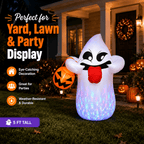 5FT Halloween Inflatable Ghost Holding Pumpkin Lantern, Light-Up Blow Up Outdoor Yard Decoration with RGB LED Lights