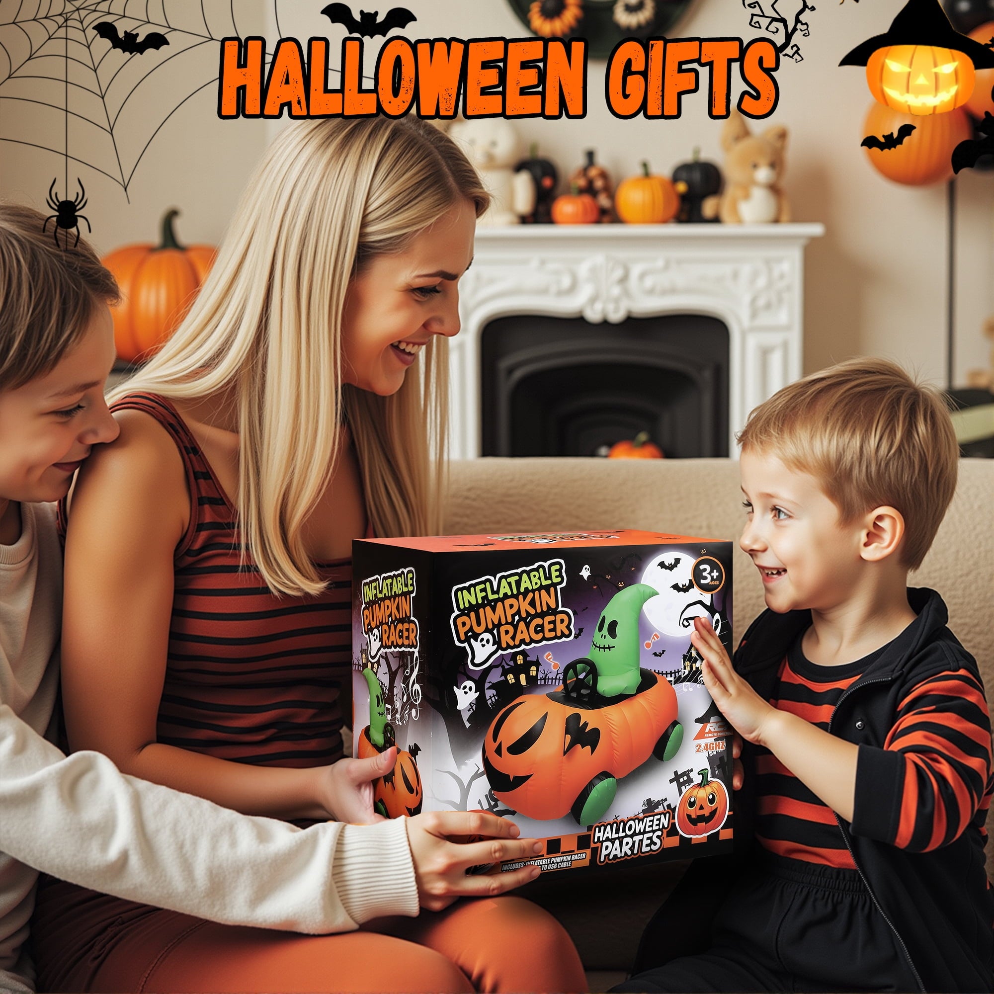 2.6ft Halloween Inflatable with Music and Lights,Remote Control Pumpkin Ghost Car,Blow ups Rc Car,Indoor Outdoor,Orange Green