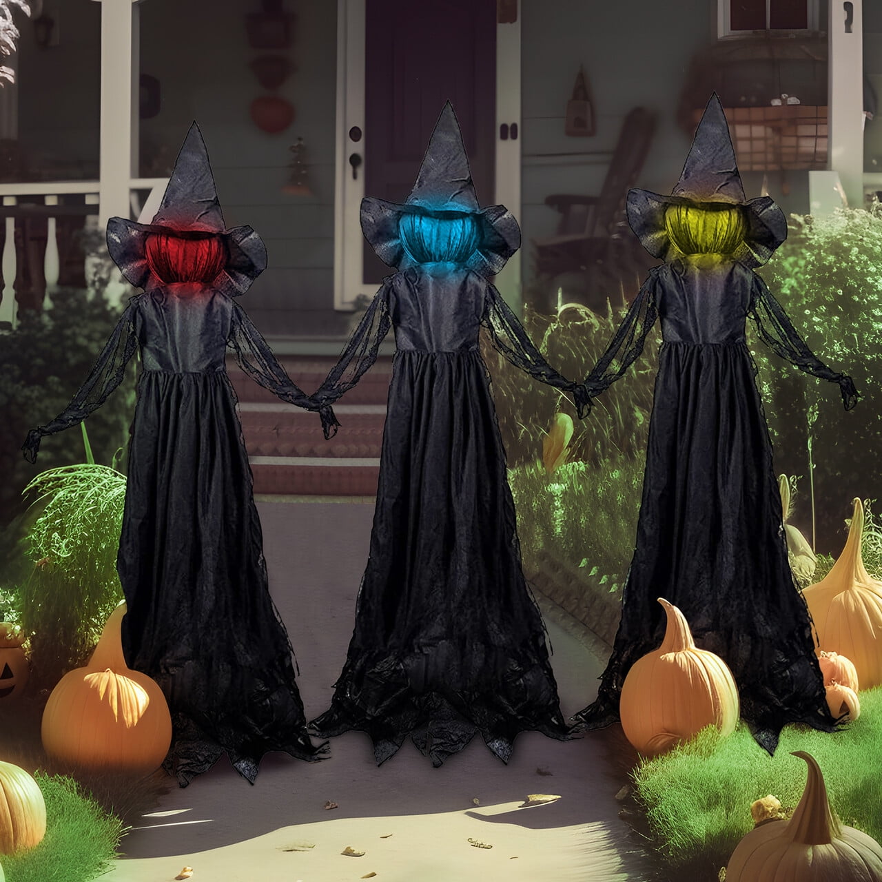 3 Pack Witches Halloween Decorations Outdoor, 51" Sound Activated Light Up Flying Witch Stakes with Color Changing Face & Creepy Sound, Life Size Halloween Props for Lawn Grave Party